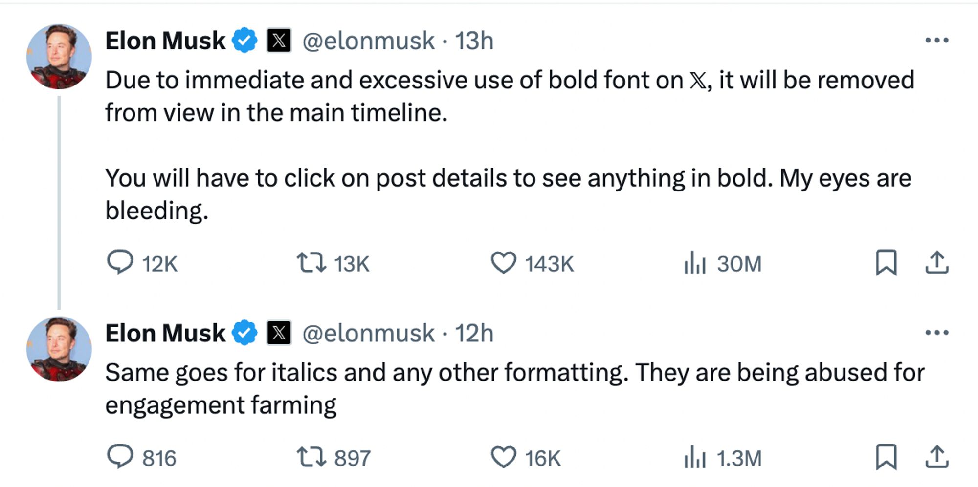 Musk bans bold font "due to immediate and excessive use."