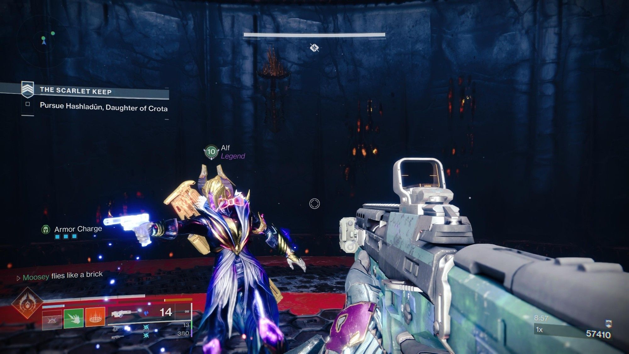 Screenshot from Destiny 2. There's a player, a Warlock, with the username "Alf" and the title Legend. They're doing an emote where they hold out a holographic pistol.