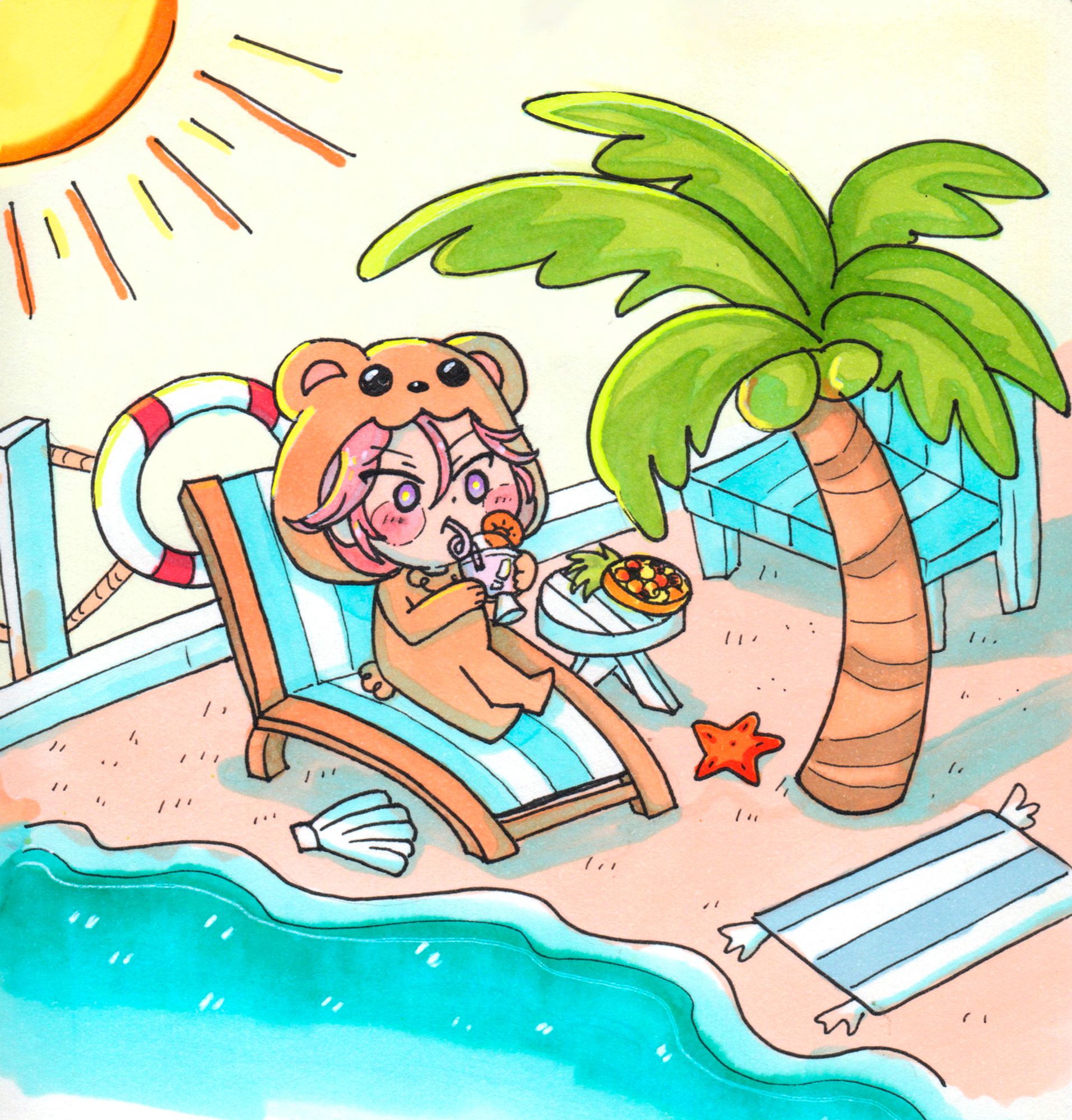 A chibi kohaku from the game ensemble stars living life to the fullest in the beach : )