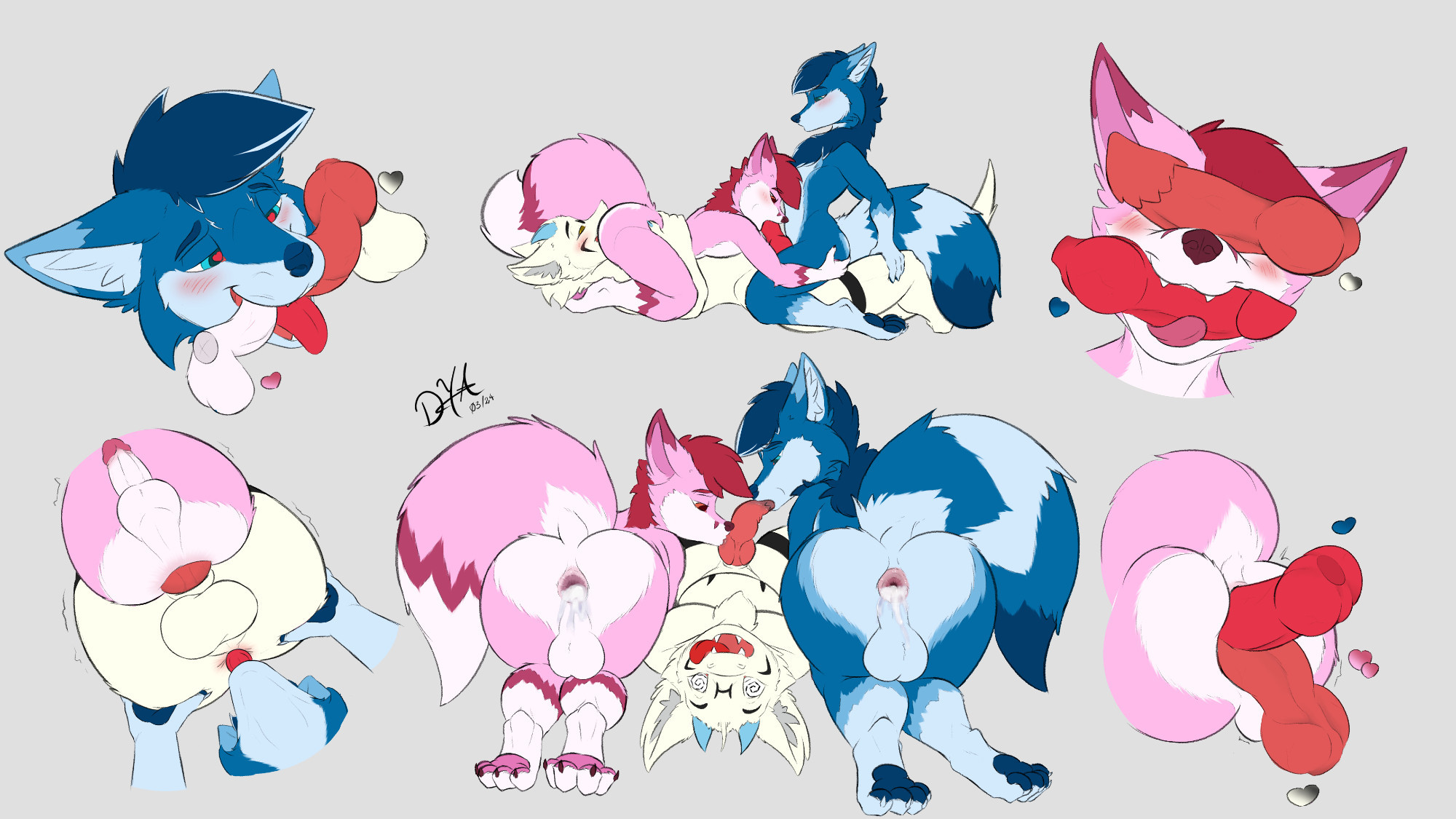 Sketch page with 6 poses featuring my friend, the pink fox Sinny, my boyfriend, the blue Folf Wolfram and Piscis, my Furdragon sona.

1 - Wolfram sucking mine and Sinny's dick;

2 - Wolfram sitting on my dick and having his dick sucked by sinny 
who is having his rear eaten by me;

3- Sinny holding wolfram's dick in his mouth like a sideways hotdog while my dick is above his muzzle covering his eyes;

4- Sinny's butt taking my dick as my butt is getting a rimjob from Wolfram;

5- Sinny and Wolfram sucking me with their gaped asses towards the viewer are leaking. Piscis lays down with an exhausted face not able to keep up with their libido;

6- Sinny's butt taking in both mine and Wolfram's dick.