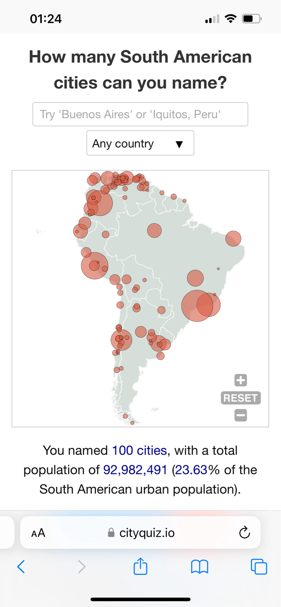 Carte d’Amérique du Sud avec les 100 premières villes que j’ai trouvées.