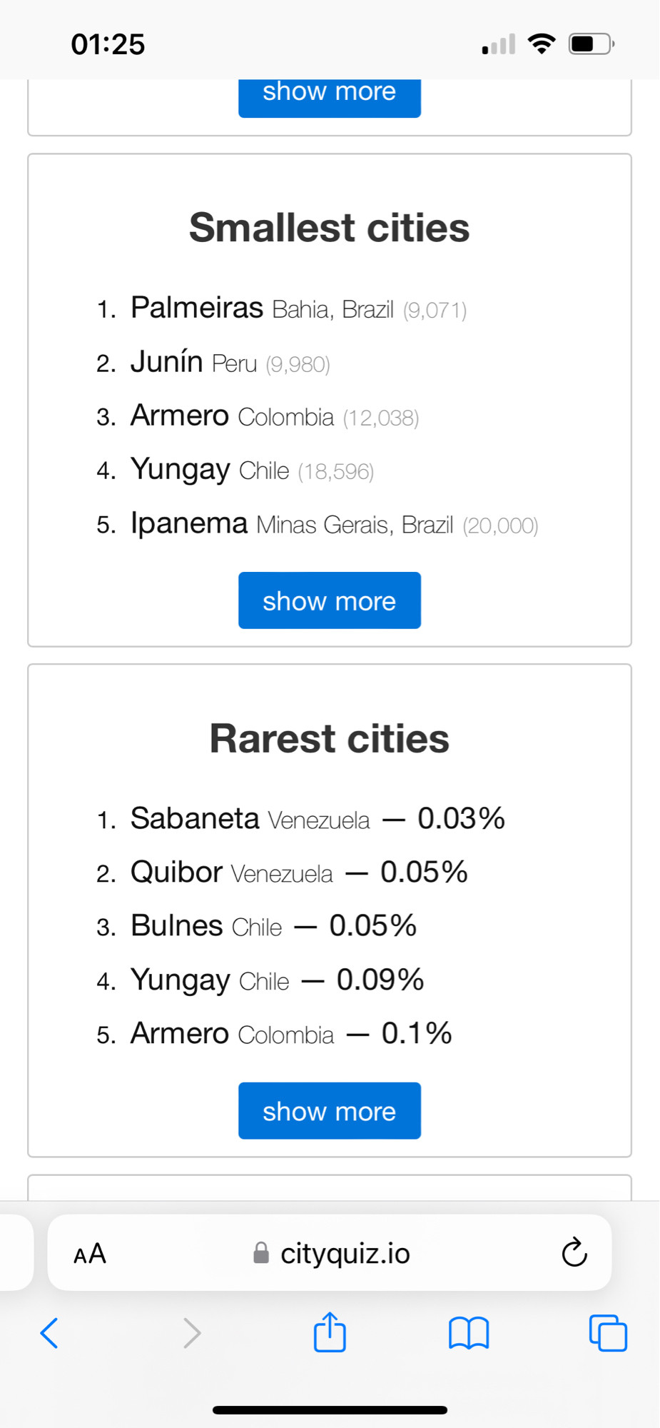 Les petites villes et les rares Sabaneta, Quíbor, Bulnes, Yungay, Armero.