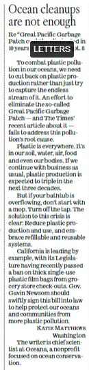 an LTE from me to the LA Times about how the Ocean Cleanup is a crappy "solution" for plastic pollution