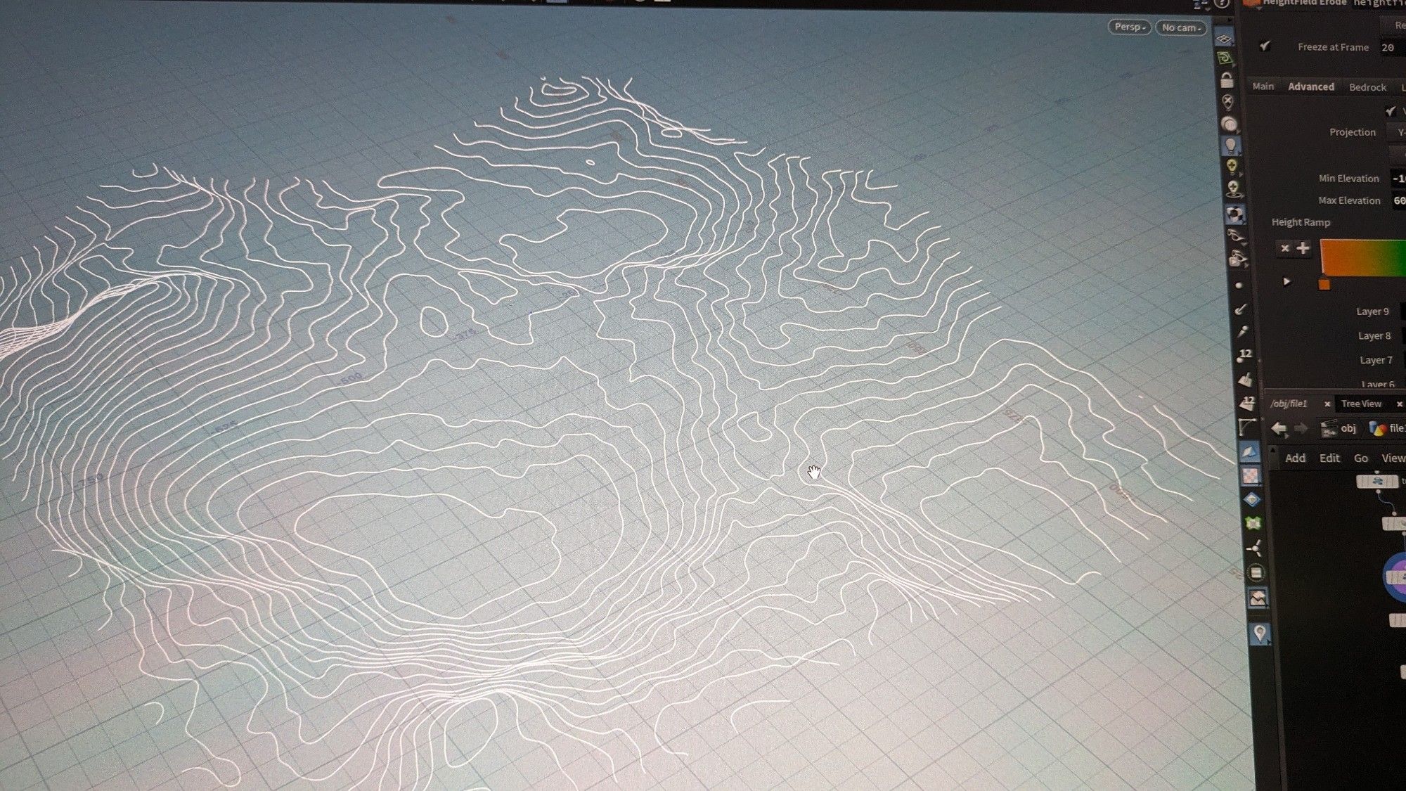 Topographic lines extracted from a landscape created in houdini