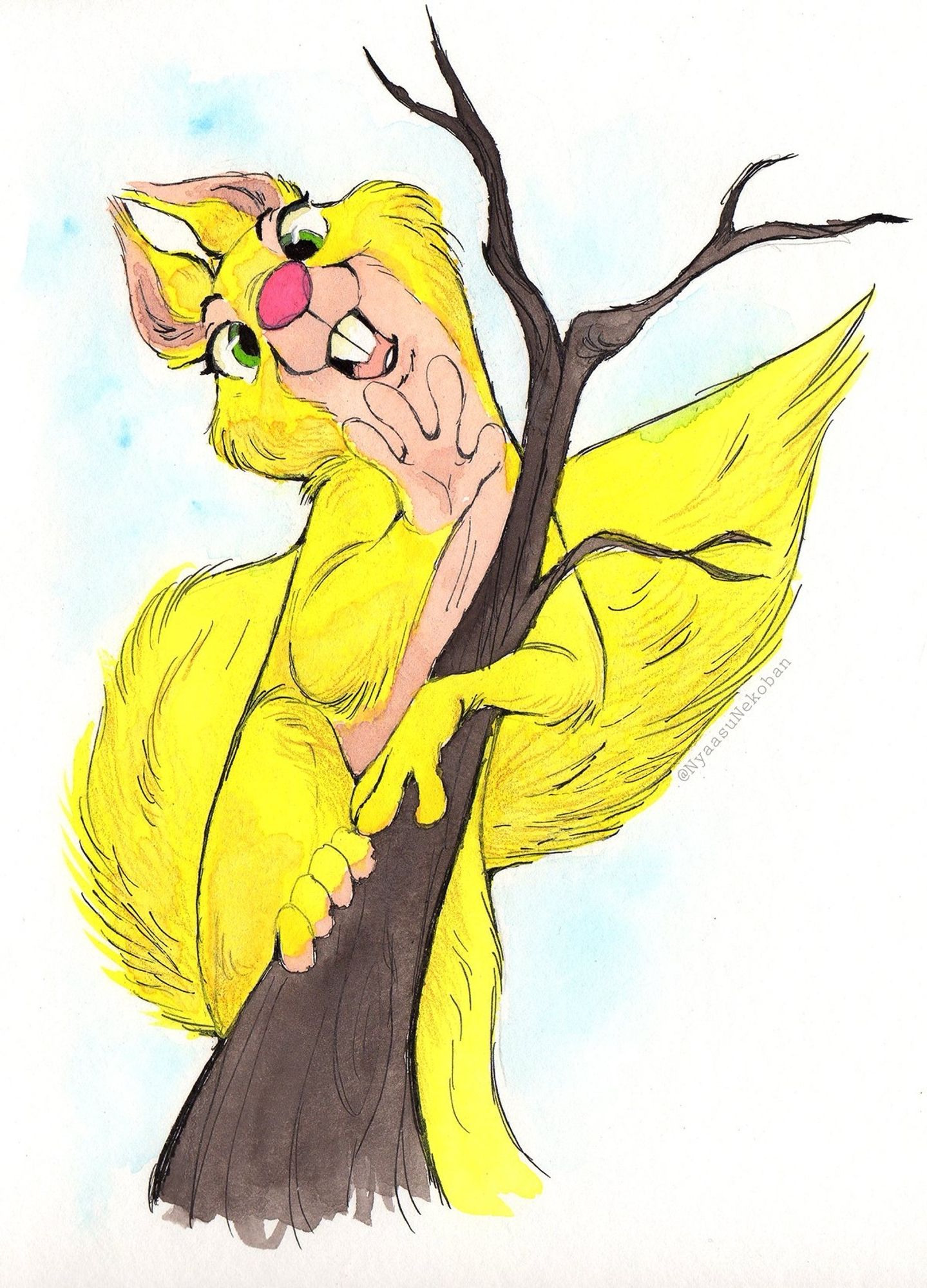 A yellow cartoon squirrel perches on a branch, smiling at the viewer.