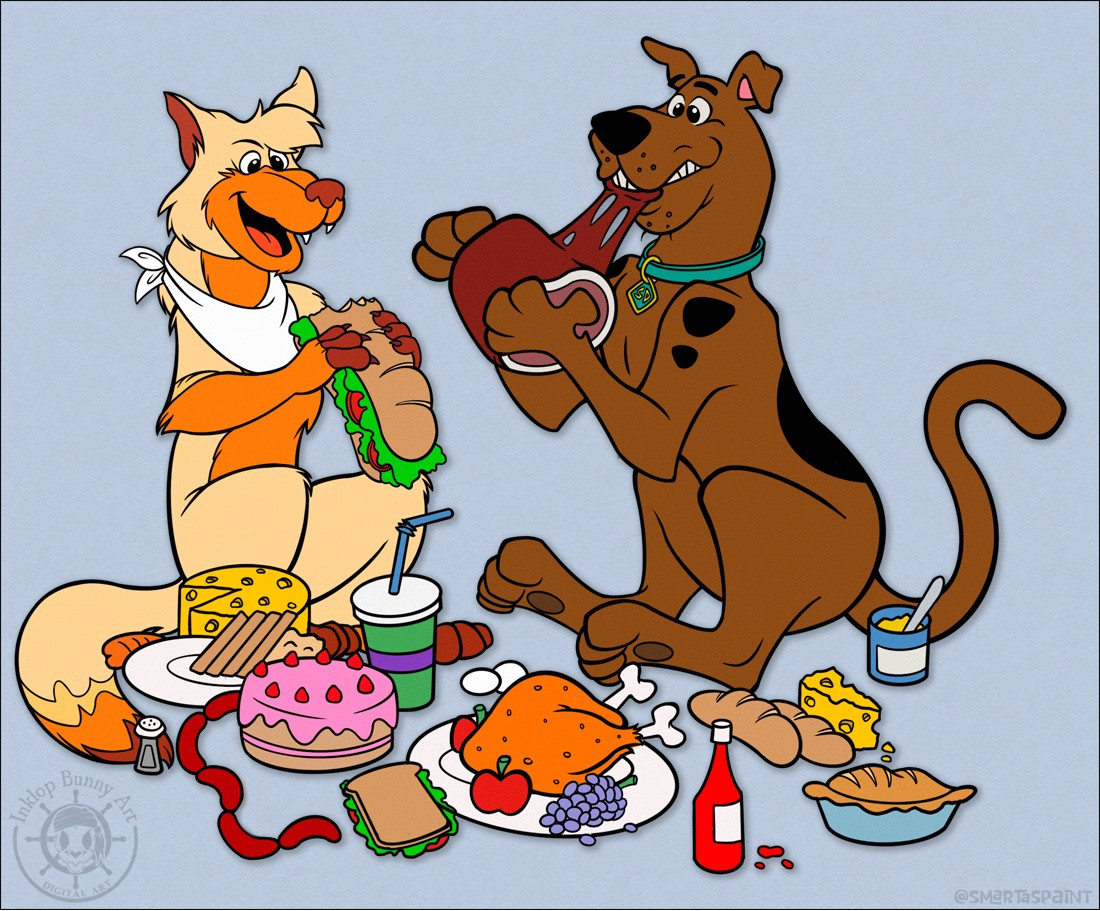 A coloured, retro-stylised cartoon of a male wolf enjoying a buffet with Scooby-Doo, a Great Dane.