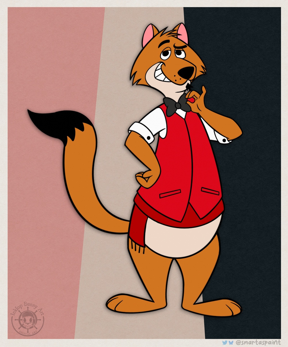 A coloured retro-style drawing of a male weasel standing in a cocky pose, dressed as a bartender.