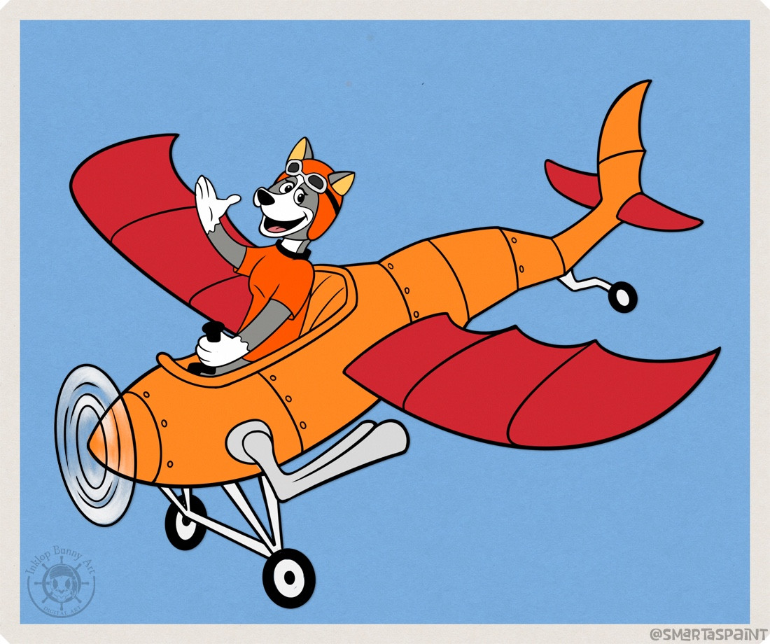 A coloured retro-style cartoon of a female Husky piloting an orange and red aircraft.