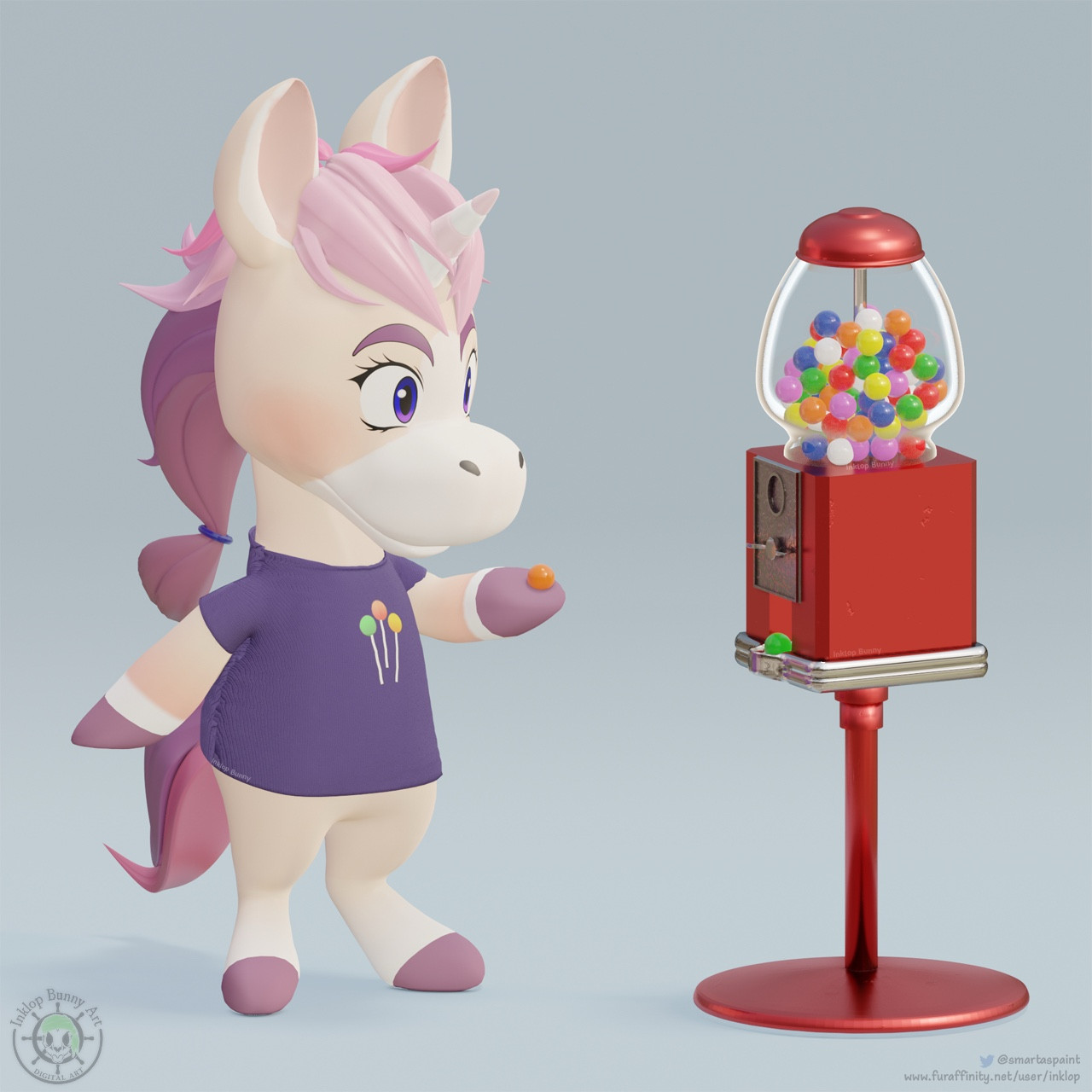 A retro-style 3D render of a pink unicorn anthro next to a gum ball machine.