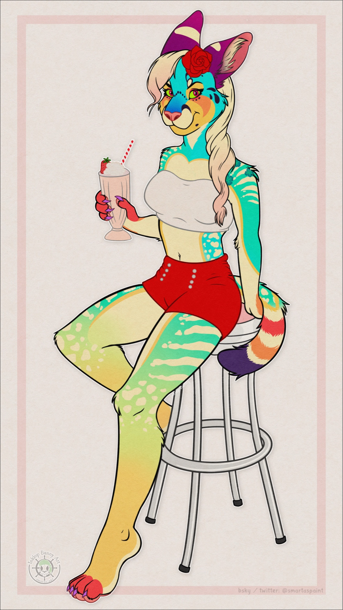 A coloured illustration of a female anthro Serval sitting on a diner stool, holding a pink milkshake and wearing a white top with red short-shorts.