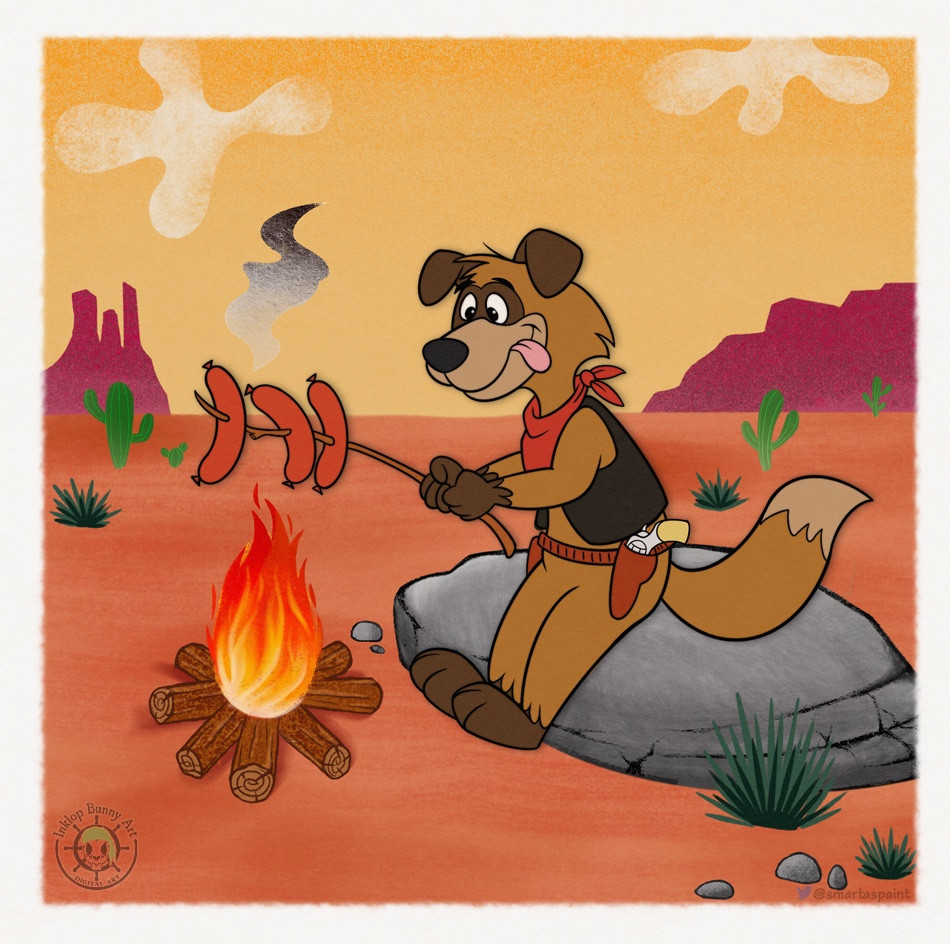 A retro-stylised illustration of a brown momgrel outlaw cooking sausages over a campfire, in a desert.