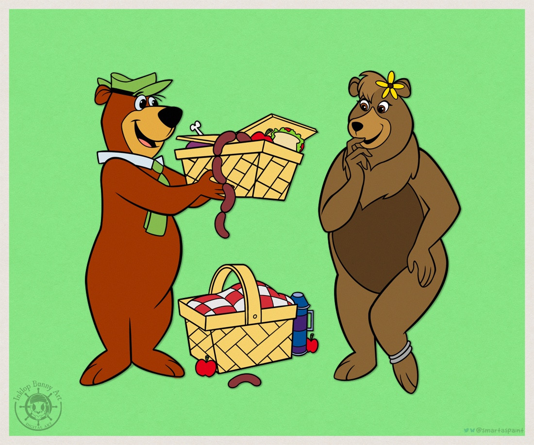 A coloured retro-style cartoon of Yogi Bear offering filled picnic baskets to a female bear anthro, Sonnie.