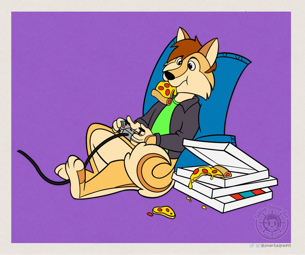 A coloured retro illustration of a cartoon dog eating pizza playing a console game.