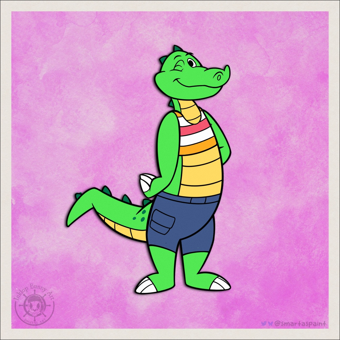 A cartoon retro-stylised alligator on a pink background, wearing a striped top and blue shorts.