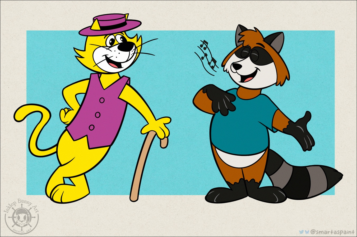 A coloured retro-style cartoon of Top Cat listening to a singing raccoon.