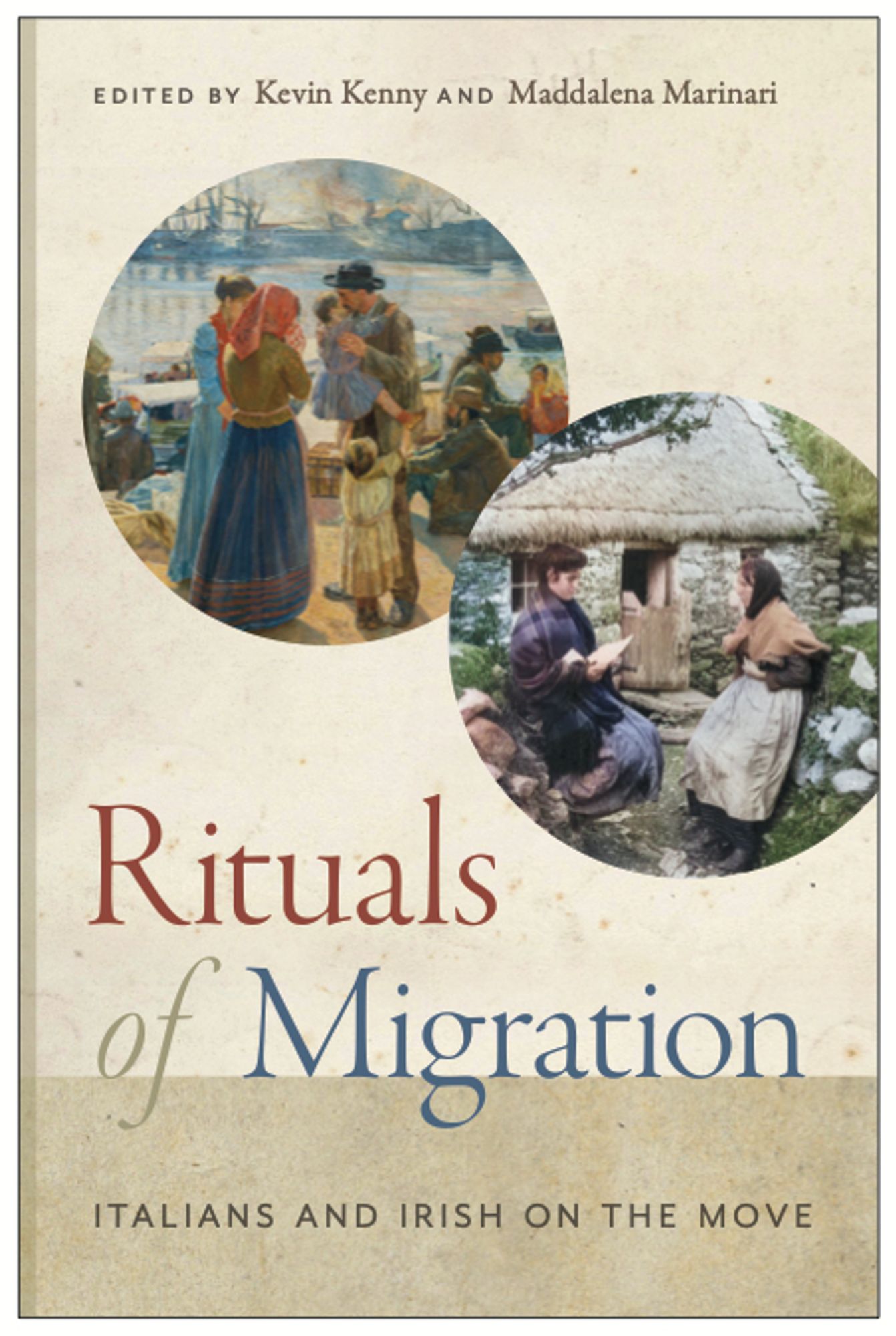 Book cover showing Italian emigrants departing and an Irish family reading a letter from America