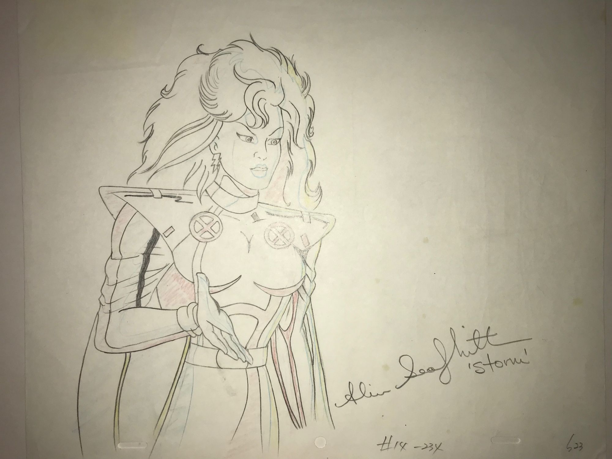 Douga of Storm from X-Men: The Animated Series, used to create a hand painted production cel.  Signed by Alison Sealy-Smith, “Storm,” in pencil.