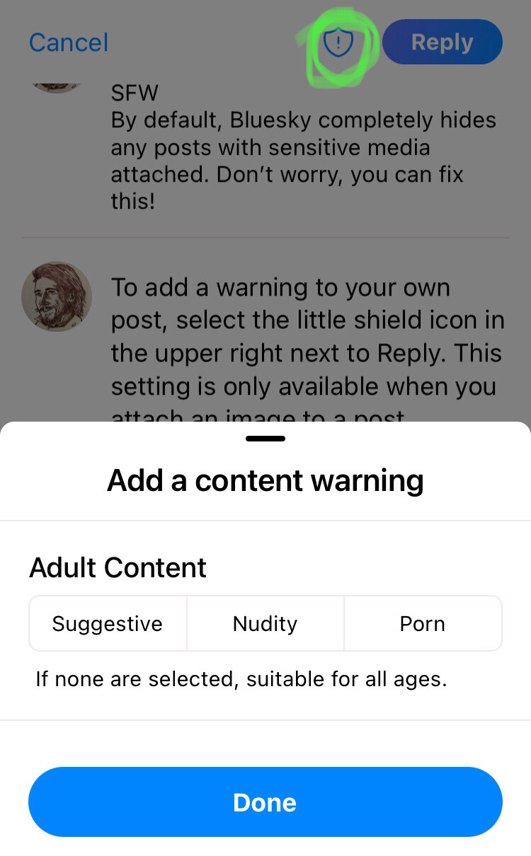 Screenshot of the above post showing the shield icon circled. A menu called Add a content warning asks if you want to label it suggestive, nudity, or porn