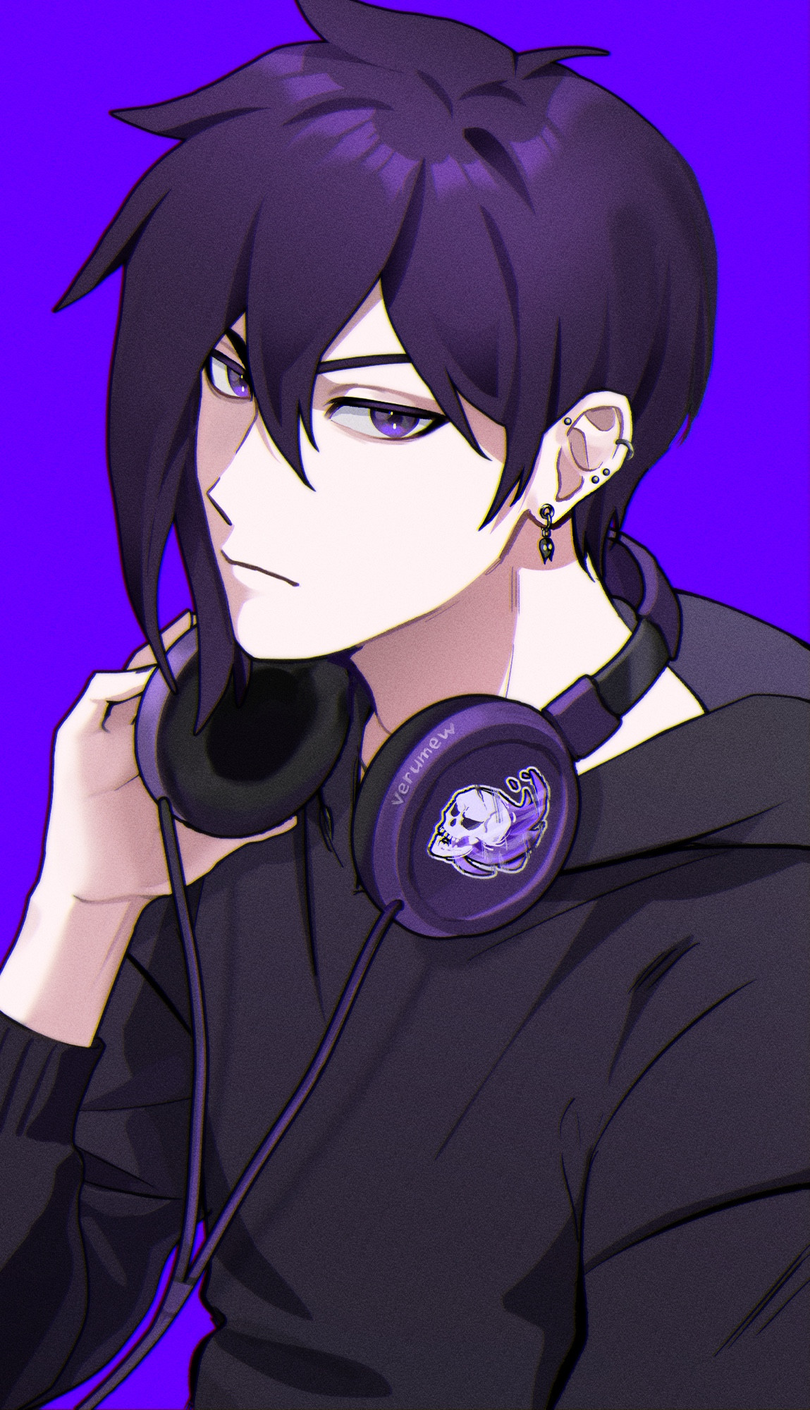 stardew valley sebastian fanart with skull headphones and ear piercings