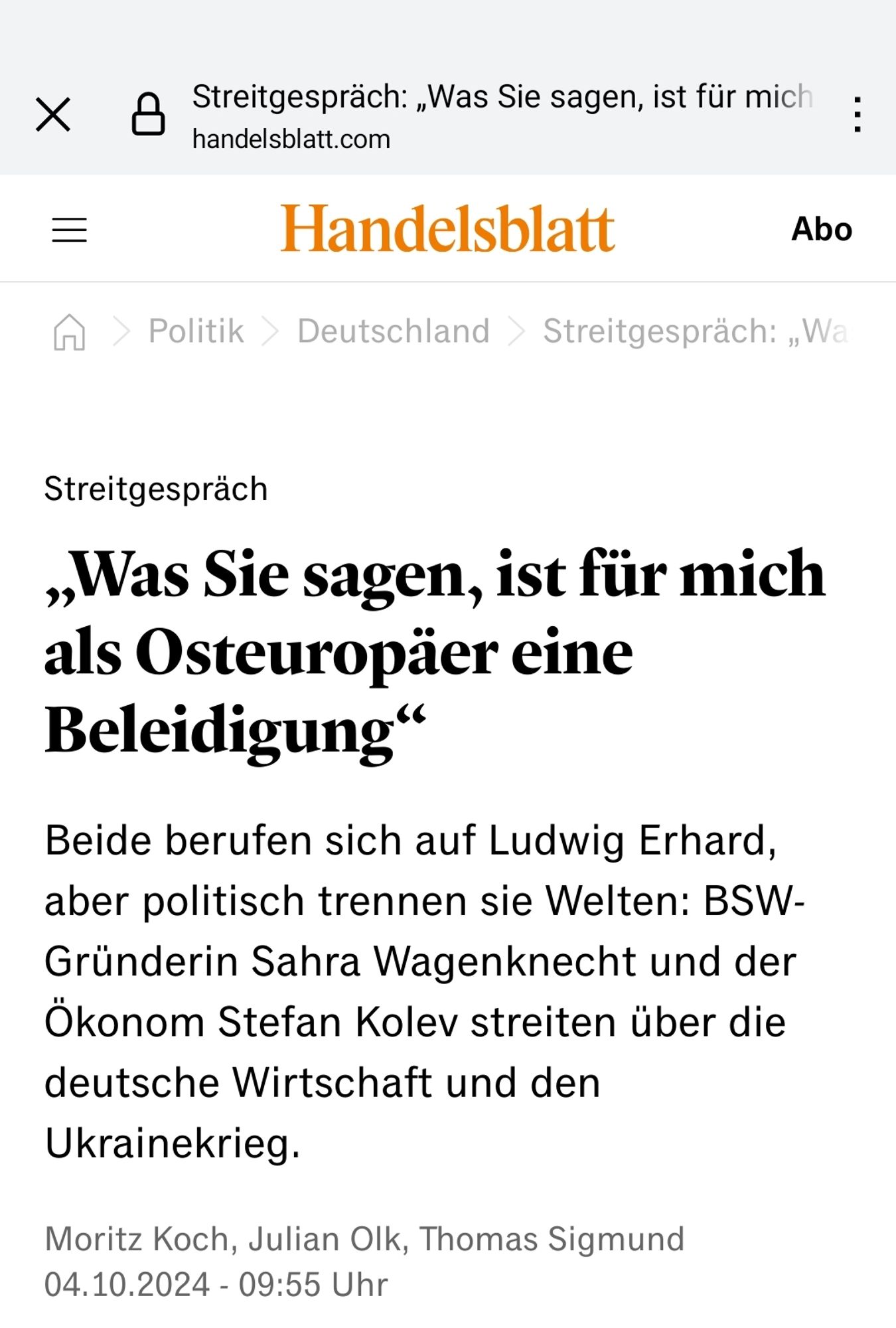 „Was Sie sagen, ist für mich als Osteuropäer eine Beleidigung“
Beide berufen sich auf Ludwig Erhard, aber politisch trennen sie Welten: BSW-Gründerin Sahra Wagenknecht und der Ökonom Stefan Kolev streiten über die deutsche Wirtschaft und den Ukrainekrieg.