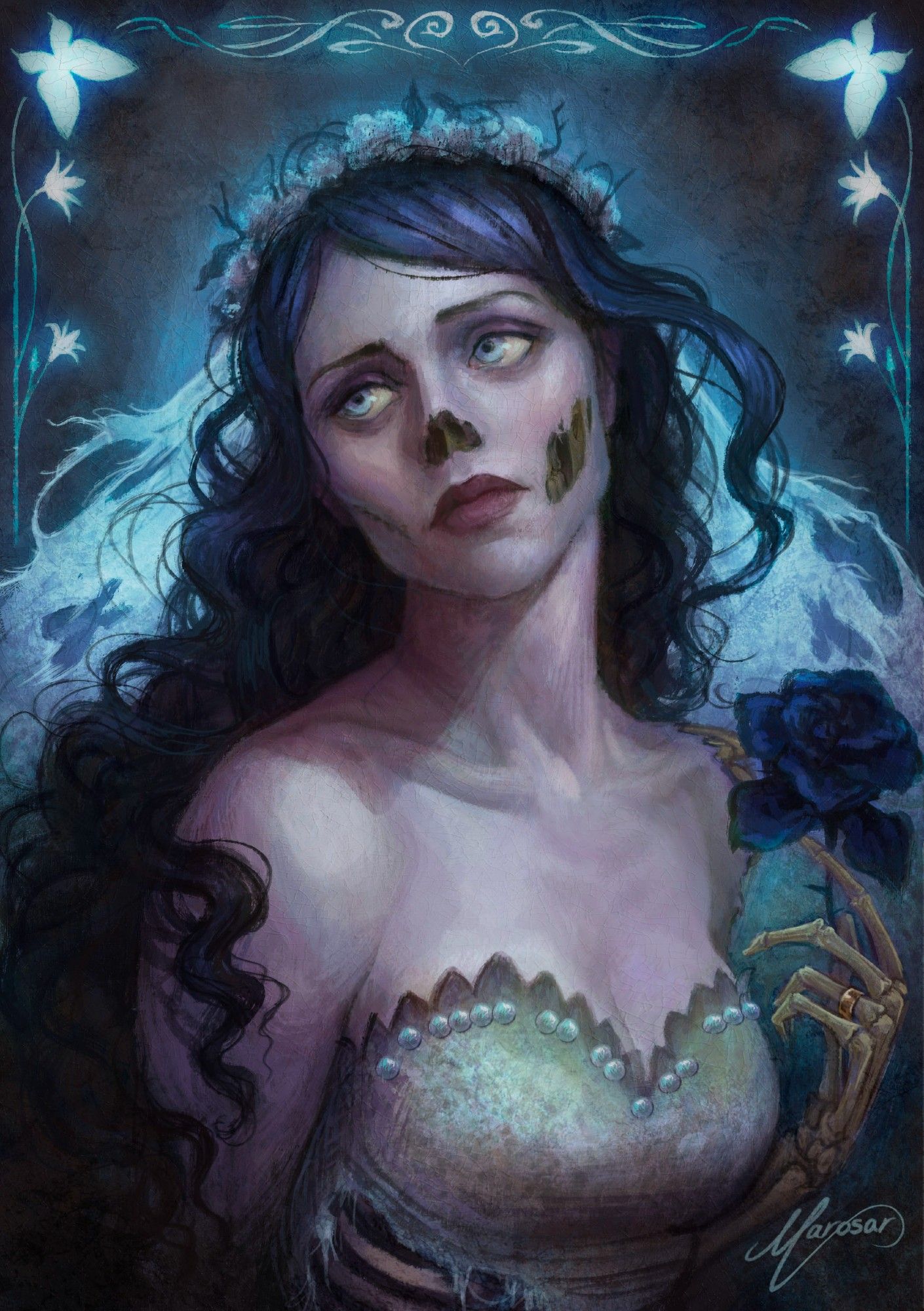 Emily portrait fanart fantasy art. she looks to left, blue frame with lilies and butterflies. Behind her, her white veil shines against the light.
In her hand a blue rose