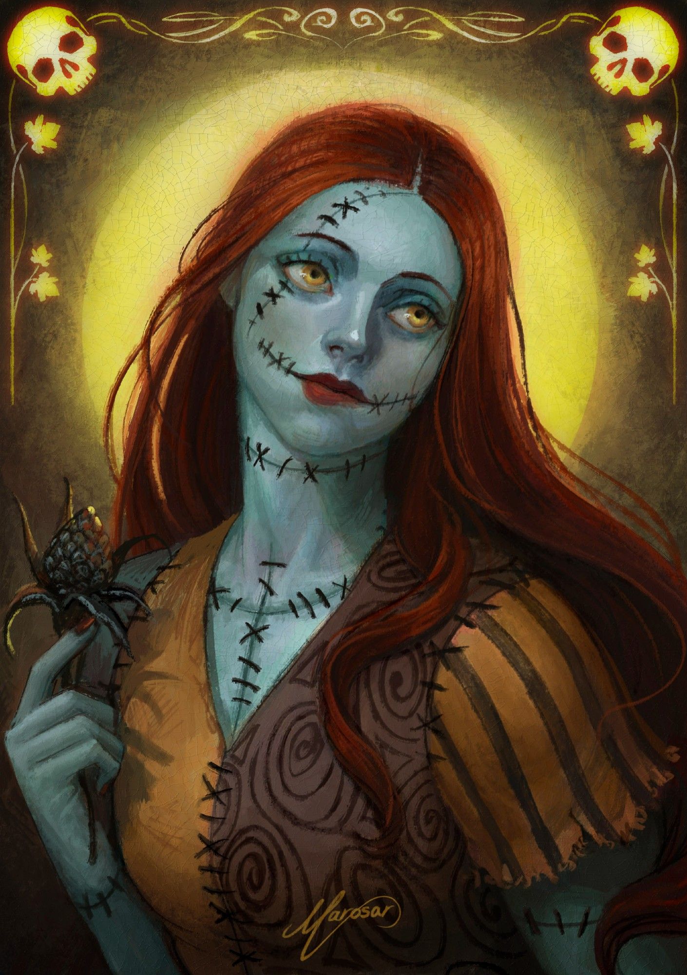 Sally portrait fanart fantasy art. She looks to right, yellow frame with leaves and skulls,
Behind her the yellow moon and in her left hand a wilted flower.