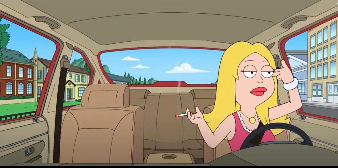 American Dad screenshot of Francine in her car, cigarette in one hand and using her other hand to pretend to shoot herself in the head because she’s over everything 