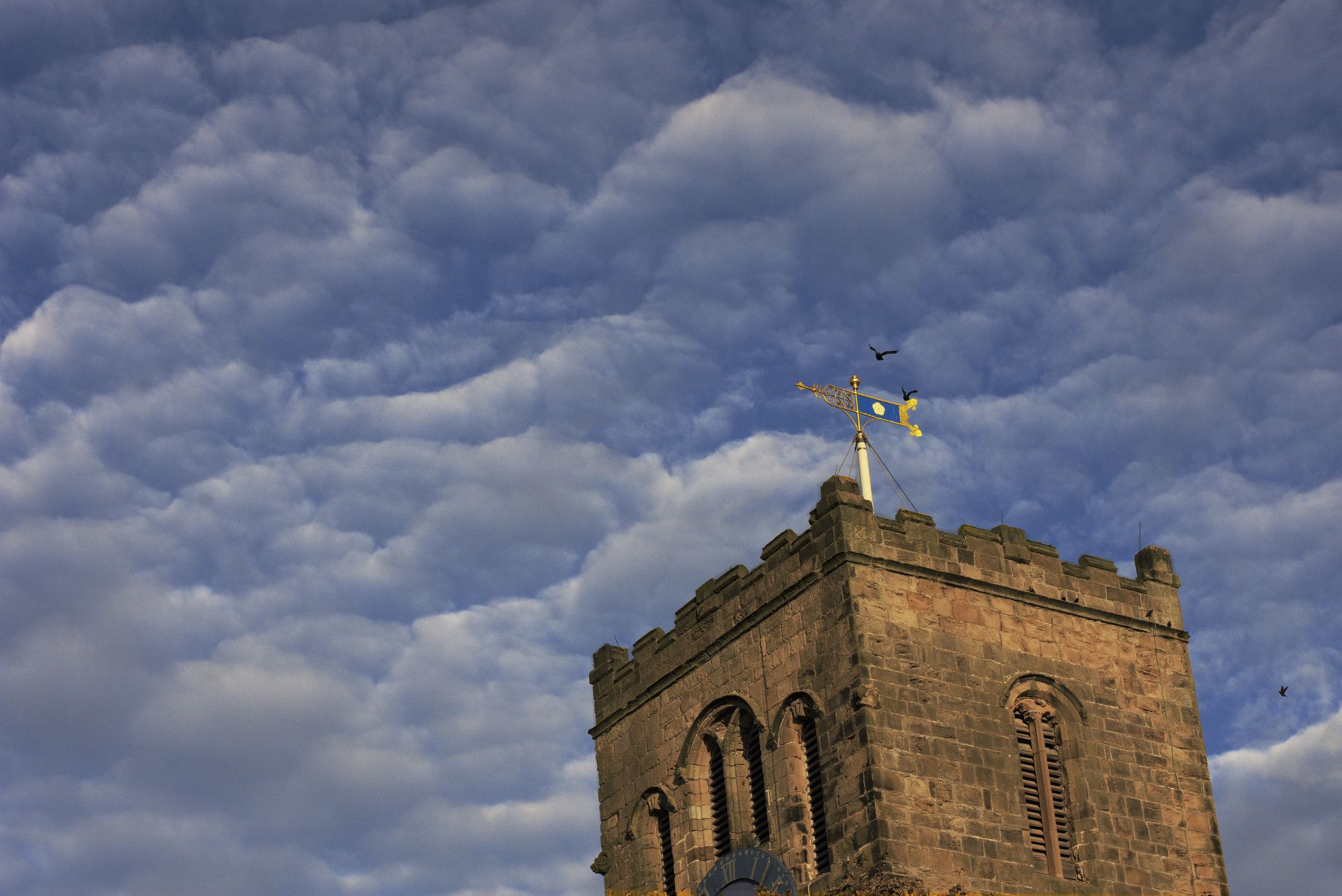 Church tower with weather vane and crows, but mainly a notably rippled blue sky