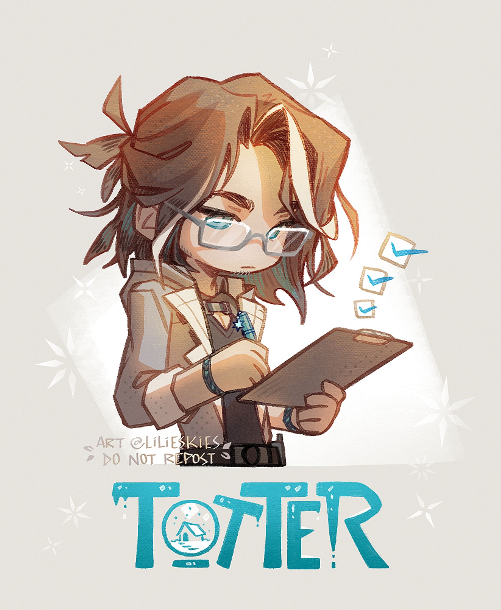 Totter from Arknights, nonchalantly checking off all the items on his to-do list because he's an efficient man who plans all his tasks.