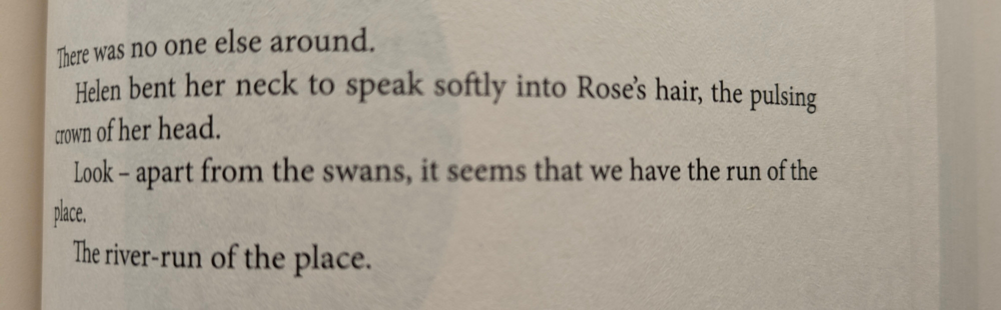 A passage from The Long Form by Kate Briggs:

... it seems we have the run of the place. 
The river-run of the place.