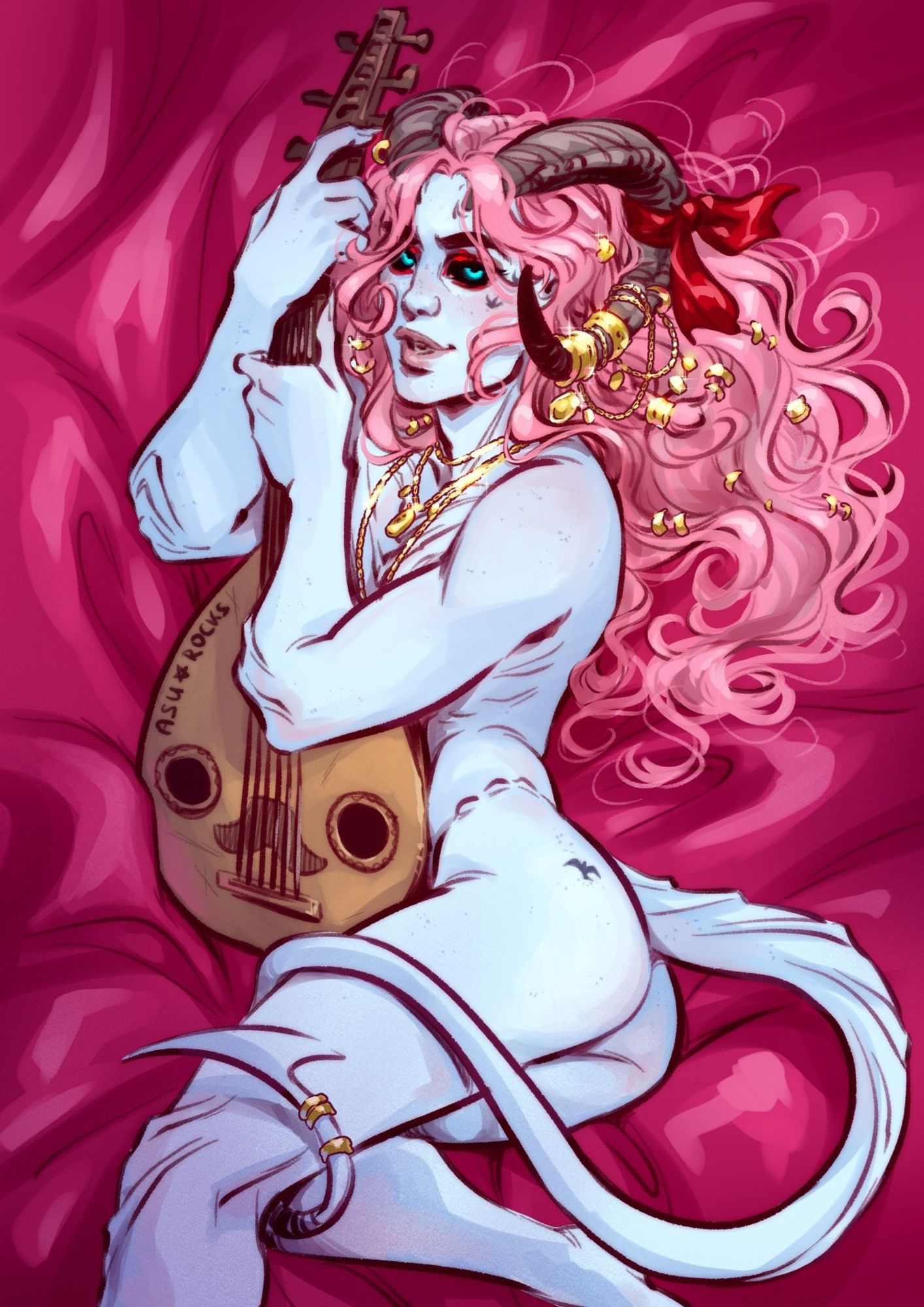 Pinup illustration of pink haired tiefling bard lying naked on pink silky sheets hugging his lute.