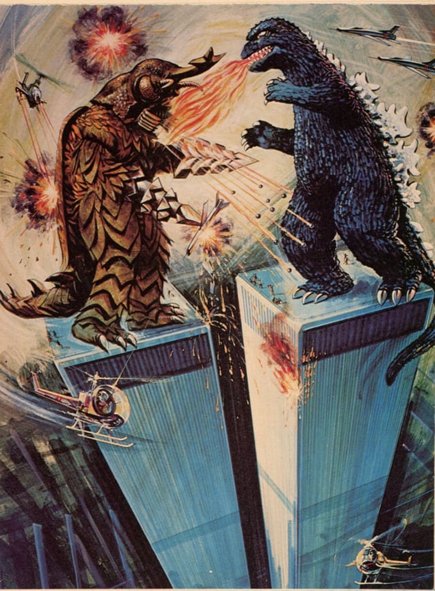 Megalon and Godzilla are fuckin’ eachother up on top of the twin towers in the american poster for Godzilla vs Megalon