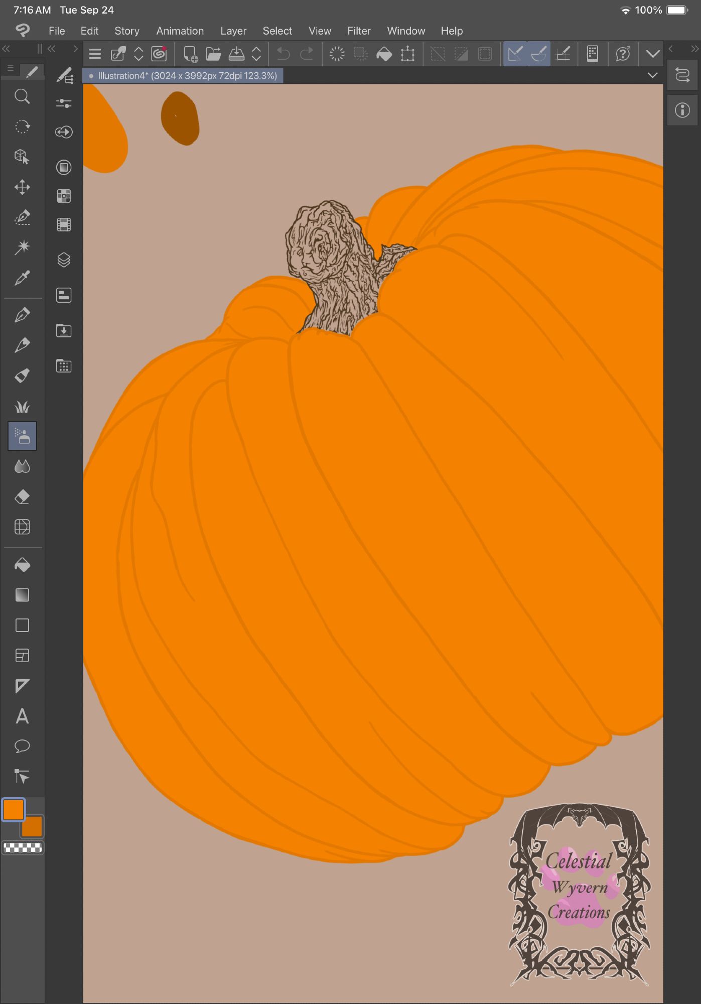 A watermarked, close up photo of a work in progress digital art piece in clip studio of a pumpkin.