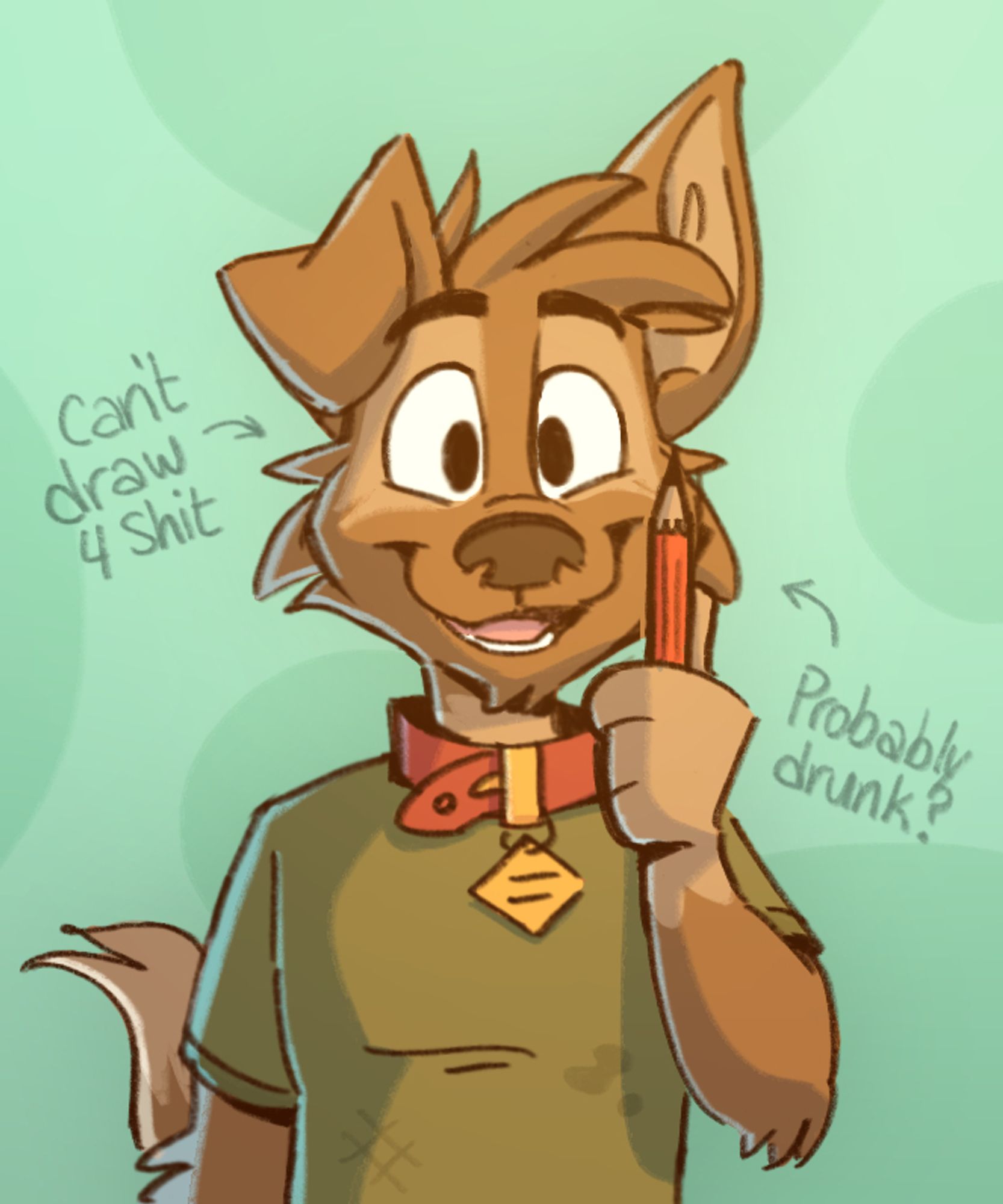 matt the dog (2024) wearing a collar and holding a pencil in front of him excitedly. floating text next to him saying "can't draw 4 shit" and "probably drunk?"