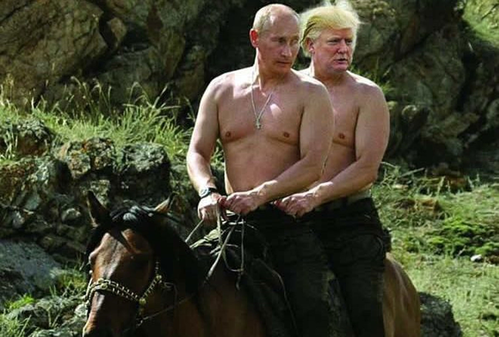 Topless Trump and Putin on a horse