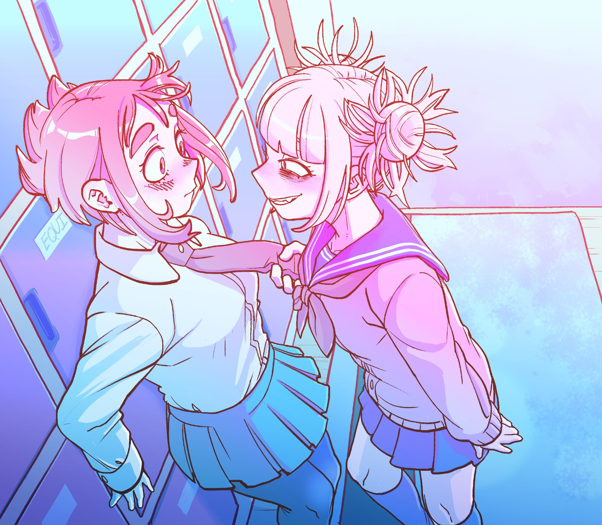 blushing uraraka backed up into a wall of lockers, with a flushed toga pulling on her tie and getting real close to her face. she's definitely not supposed to be in the building but uraraka doesnt plan on kicking her out any time soon. maybe toga got impatient and wanted to gnaw on her arm for a bit after class. maybe theyll kiss. maybe toga just likes teasing her and maybe ochako enjoys it. ill leave it up to ur imagination. hurrah for yuri