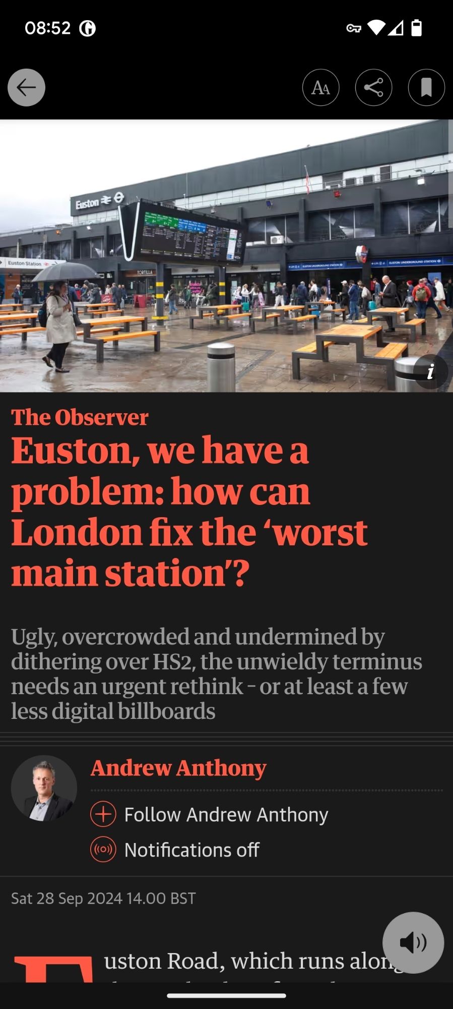 Screenshot of Observer article headlines Euston, we have a problem: how can London fix the 'worst main station'?