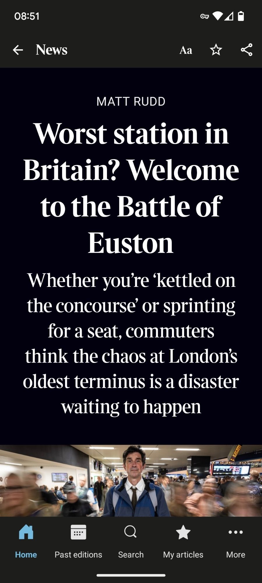 Screenshot of Times Article headlines Worst station in Britain? Welcome to the Battle of Euston.