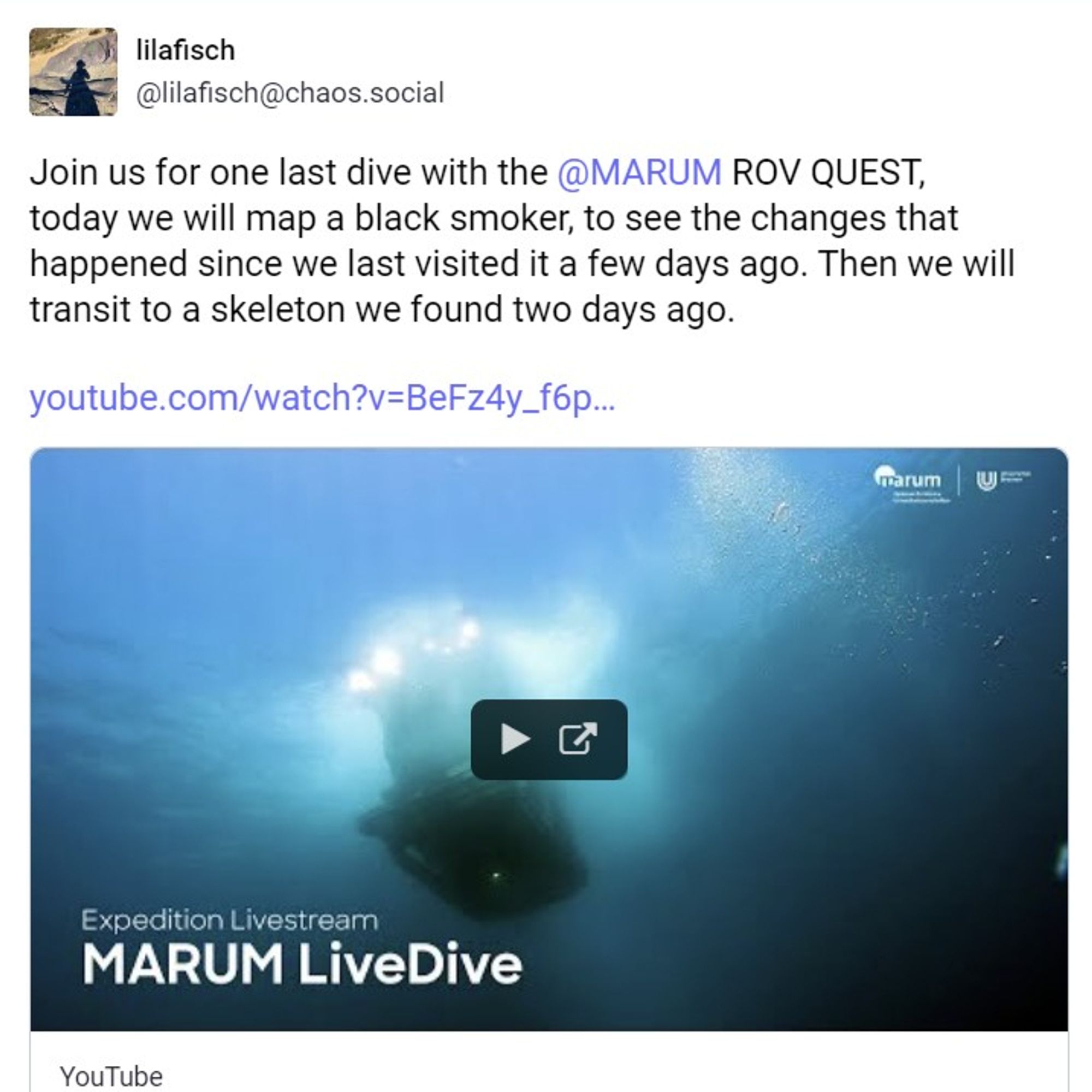 screenshot of a post, text reads. Join us for one last dive with the @MARUM ROV QUEST, today we will map a black smoker, to see the changes that happened since we last visited it a few days ago. Then we will transit to a skeleton we found two days ago.