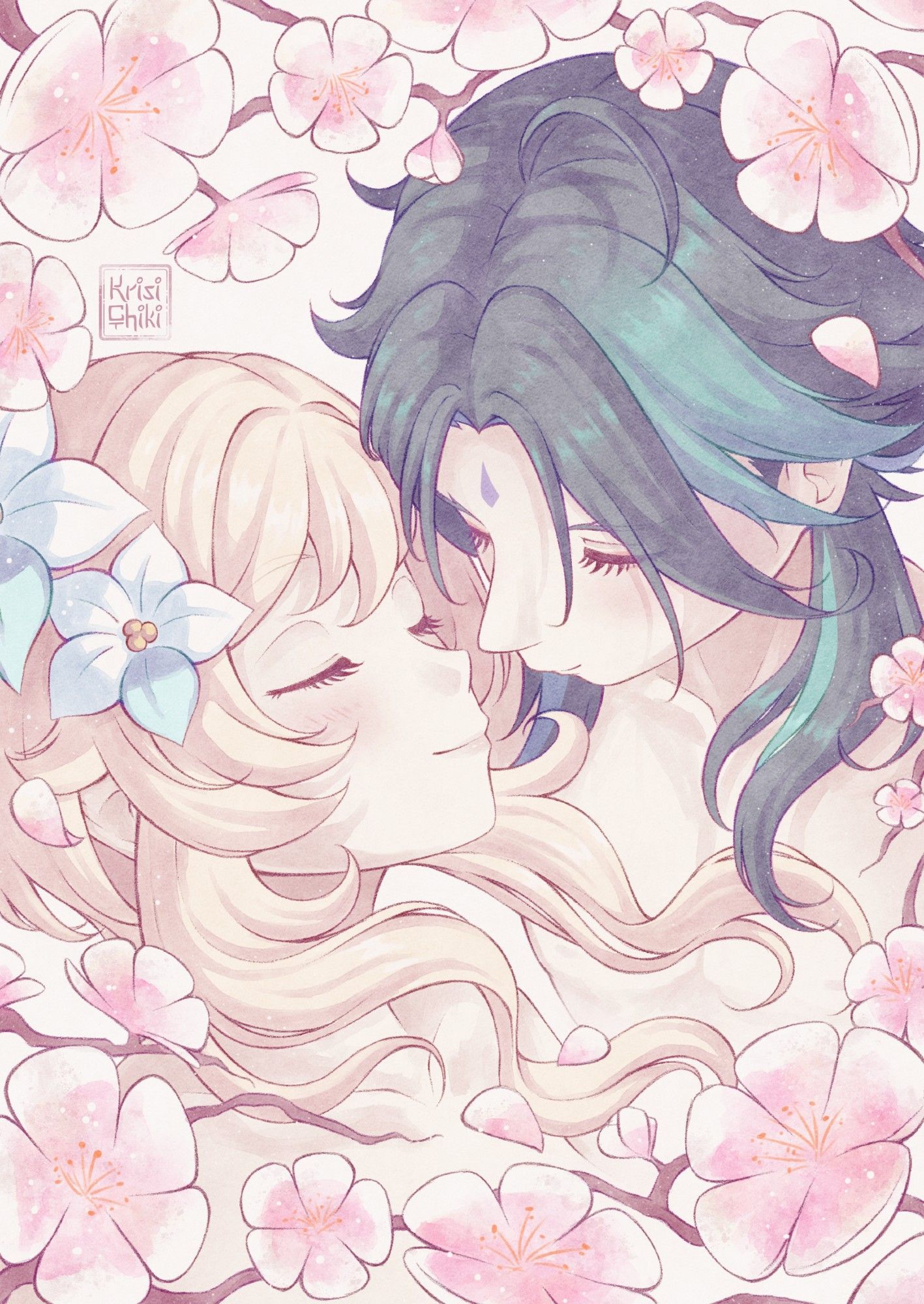 An romantic illustration of two characters amid flowers. The illustration captures the characters moments before they are about to kiss.