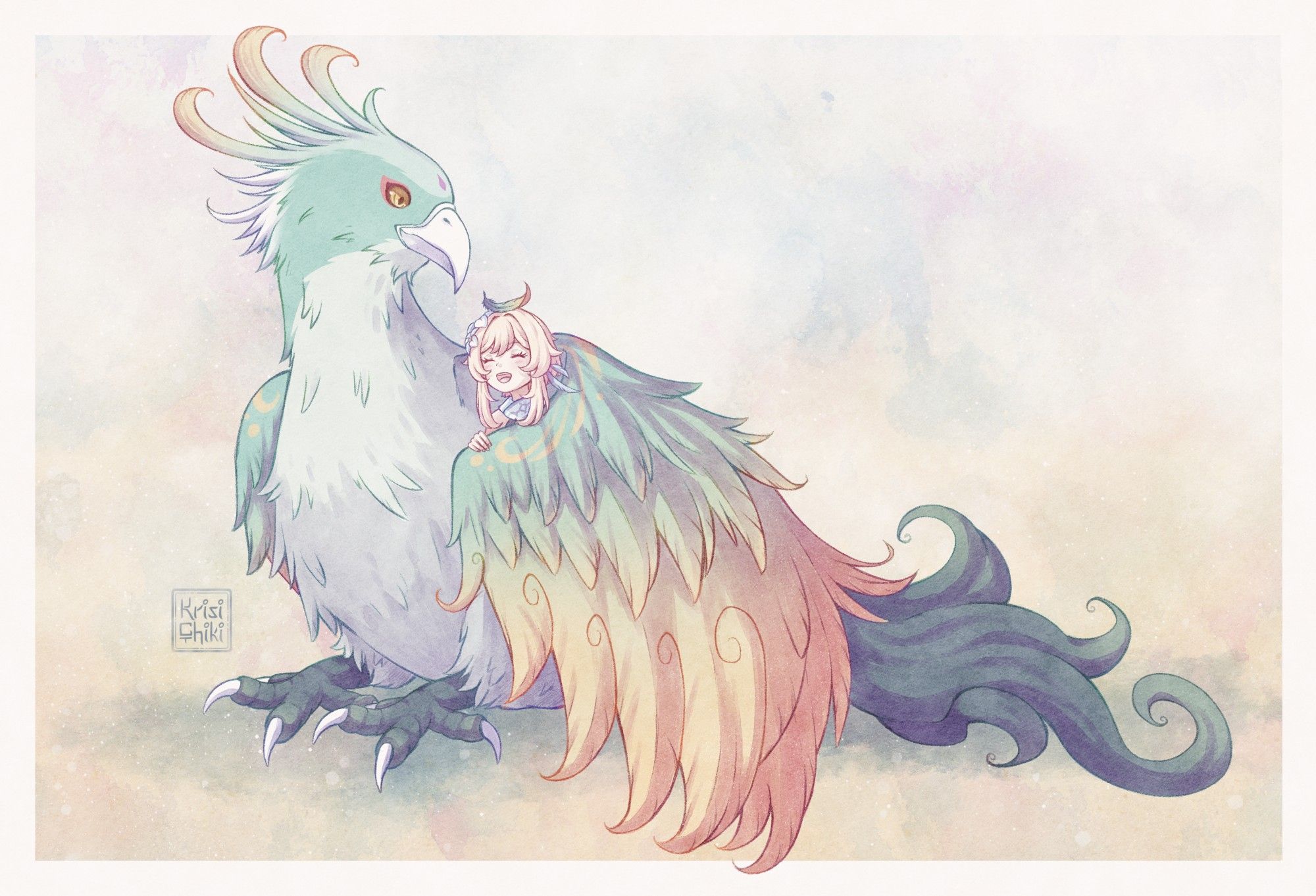 An illustration depicting Xiao (Genshin Impact) in his bird form which looks like a big, green eagle with gold accents. Lumine is tucked under his wing and is smiling. There is a small feather on the top of her head.