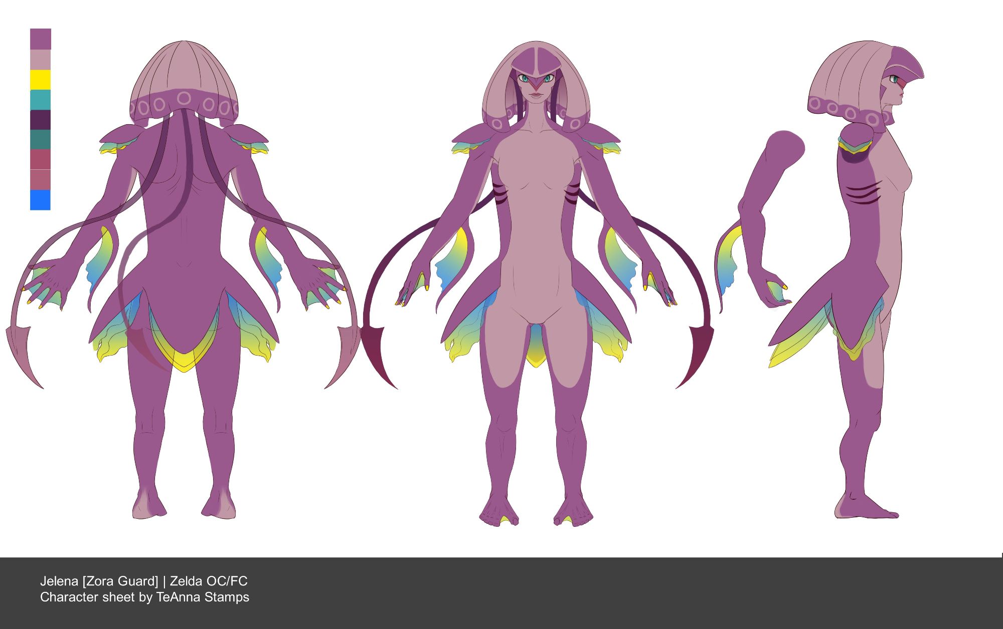 Turn around sheet of Jelena's front, back, and side view; Color pallet on the left of her base simple colors.