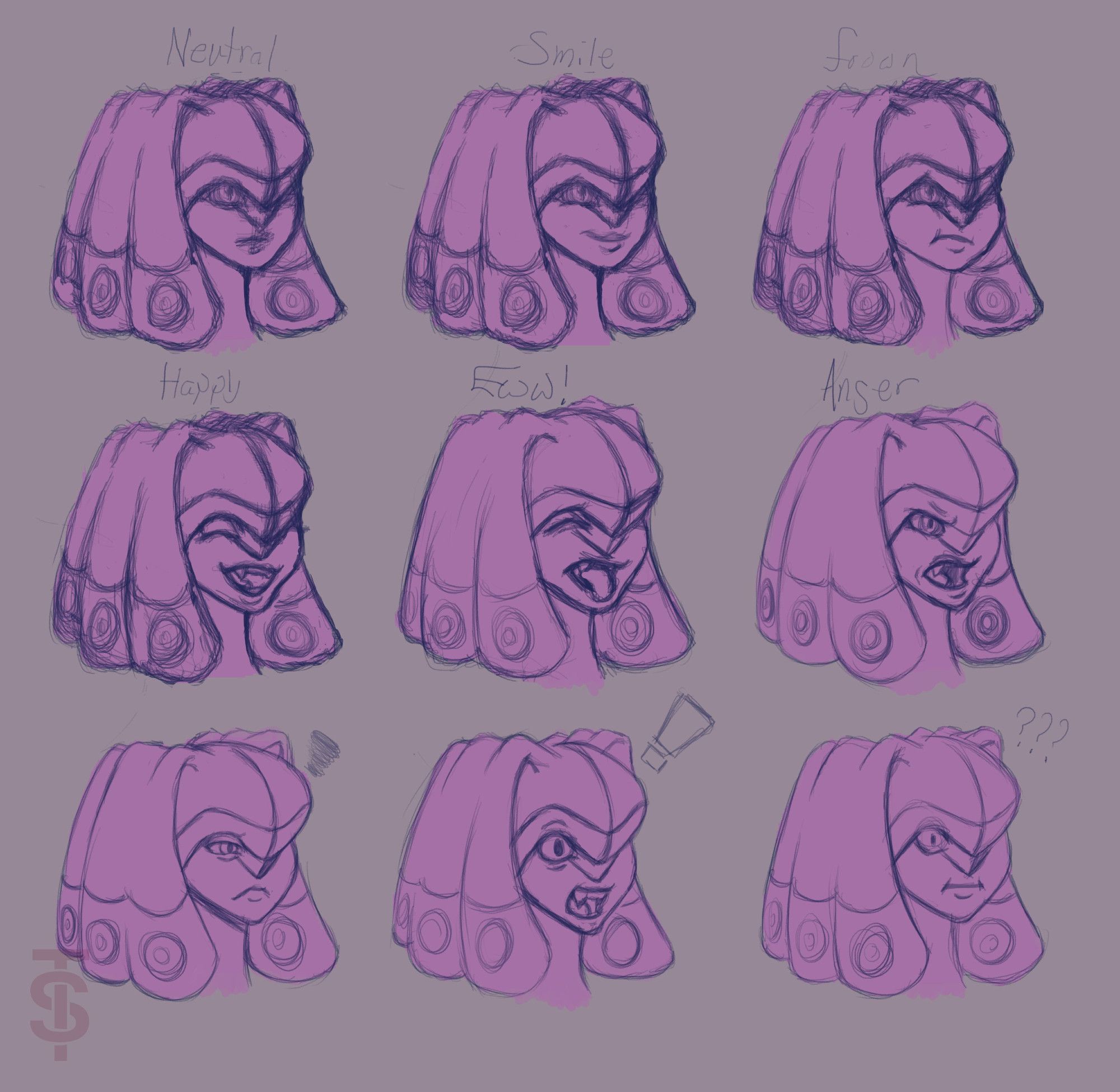 Nine expressions of Jelena's face sketched out. 1st row: neutral, smile, frown; 2nd row: happy, disgust (eww!), and anger; 3rd row: Sad, Surprised, and perplexed.