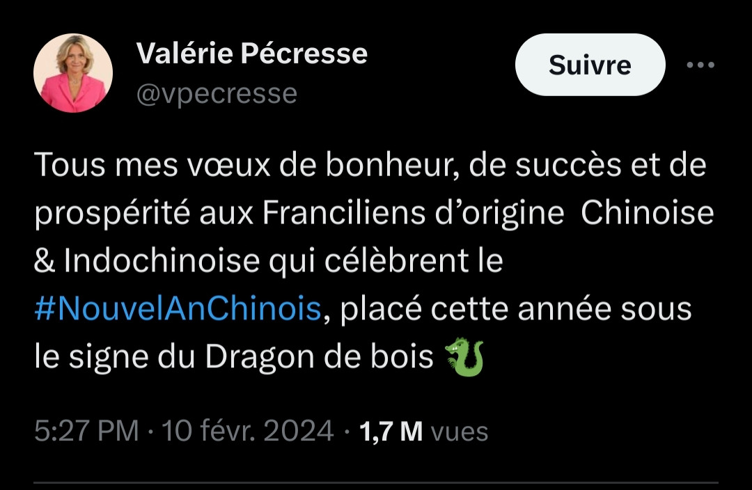 Valérie Pécresse
@vpecresse
Tous mes vœux de bonheur, de succès et de prospérité aux Franciliens d’origine  Chinoise & Indochinoise qui célèbrent le #NouvelAnChinois, placé cette année sous le signe du Dragon de bois 🐉