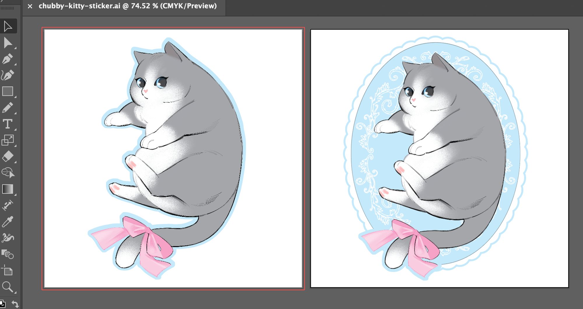 two different versions of artwork for a sticker: a chubby cat with a bow on their tail, one plain and one with a lacey cameo background