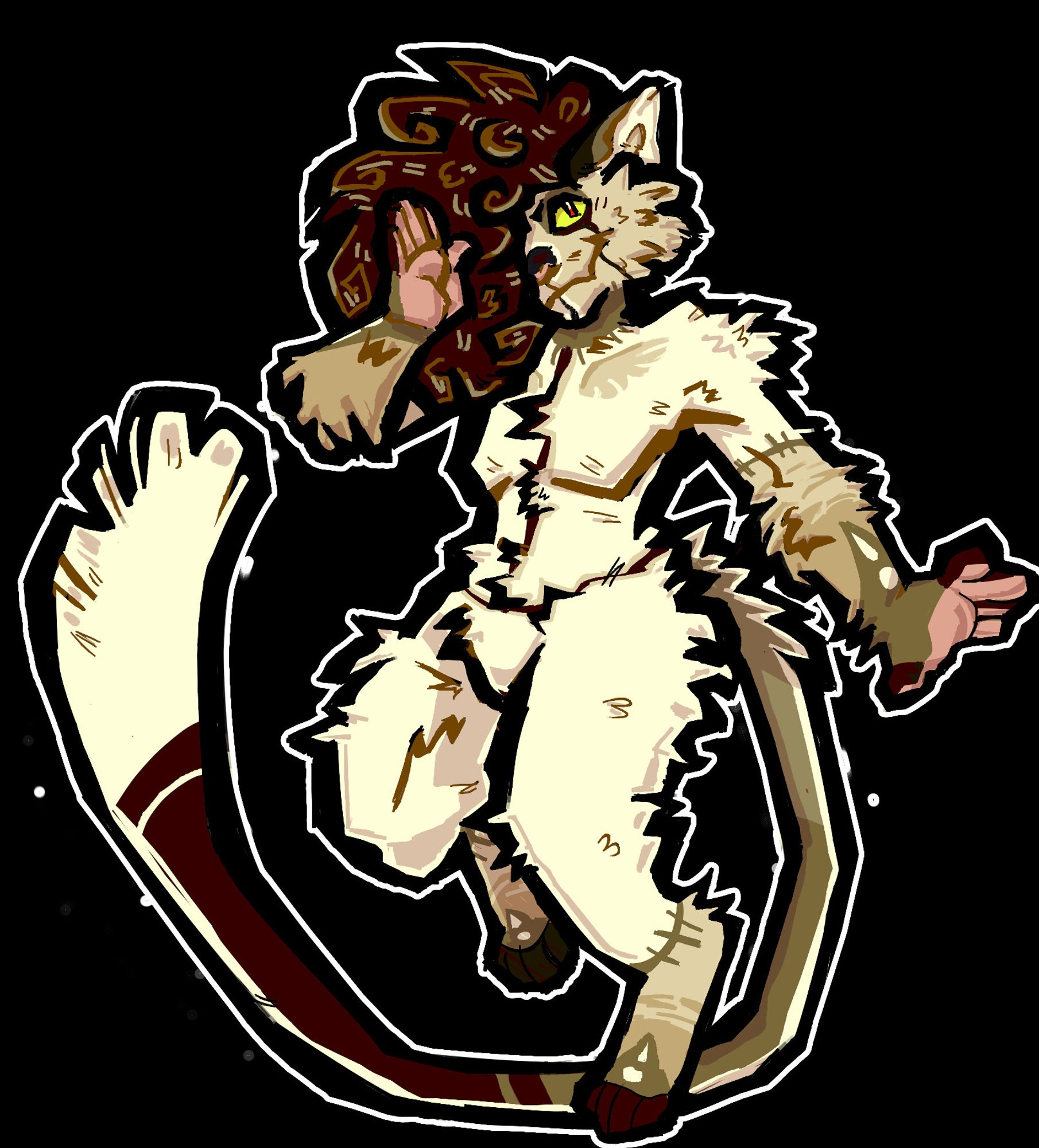 digital artwork of Ark, an anthropomorphic cat with fluffy dark brown hair and a very long tail