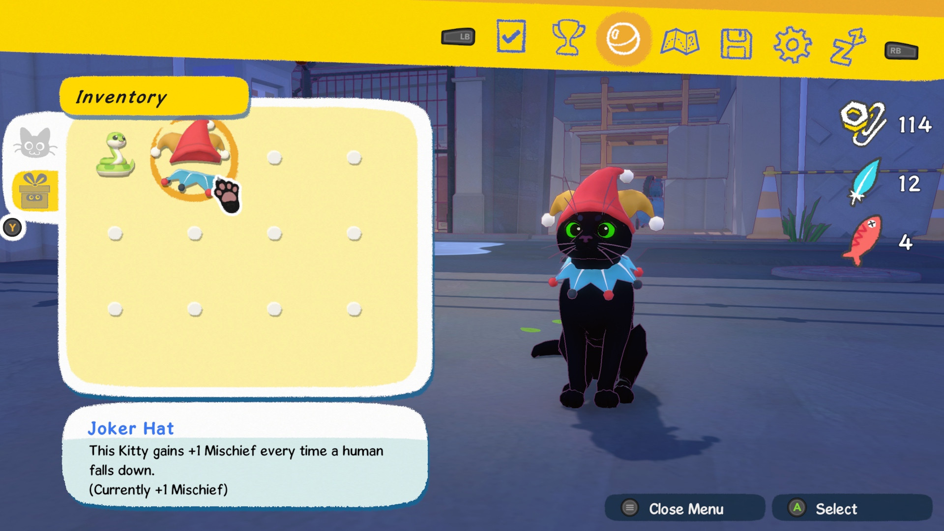 A sitting black cat wears the Jimbo joker hat from Balatro.