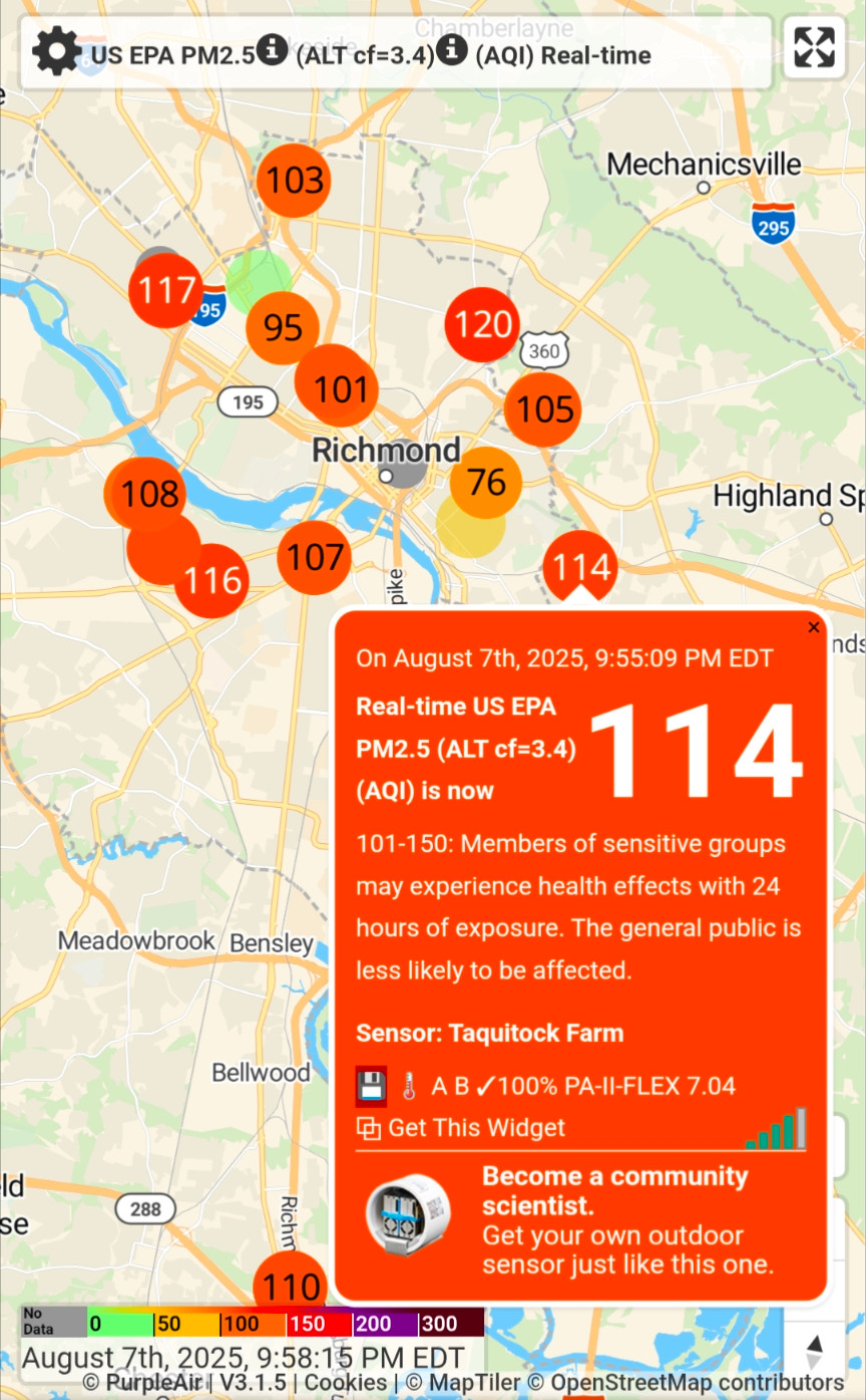 Screenshot of a PurpleAir map around Richmond, VA. Sensors are in the red.