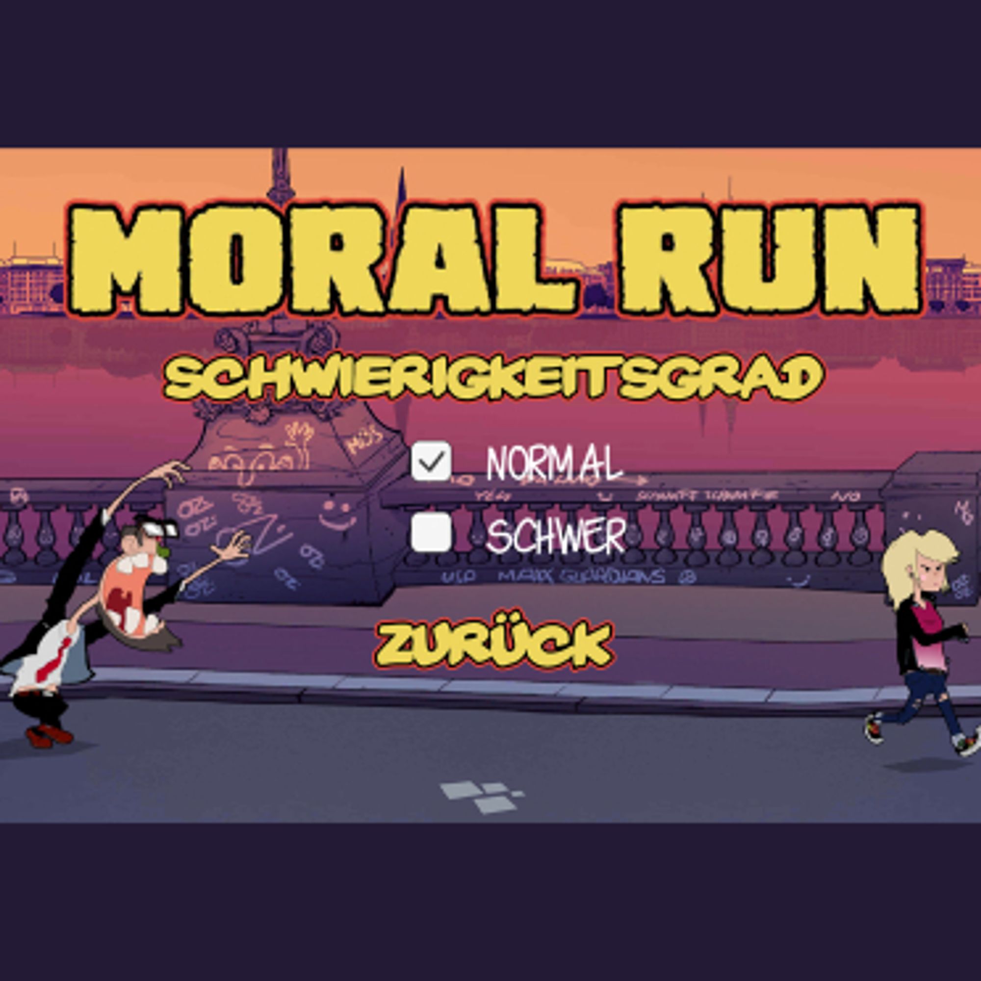 A screenshot from the settings menu in the game Moral Run that shows normal and hard game modes as options. The menu is in german.