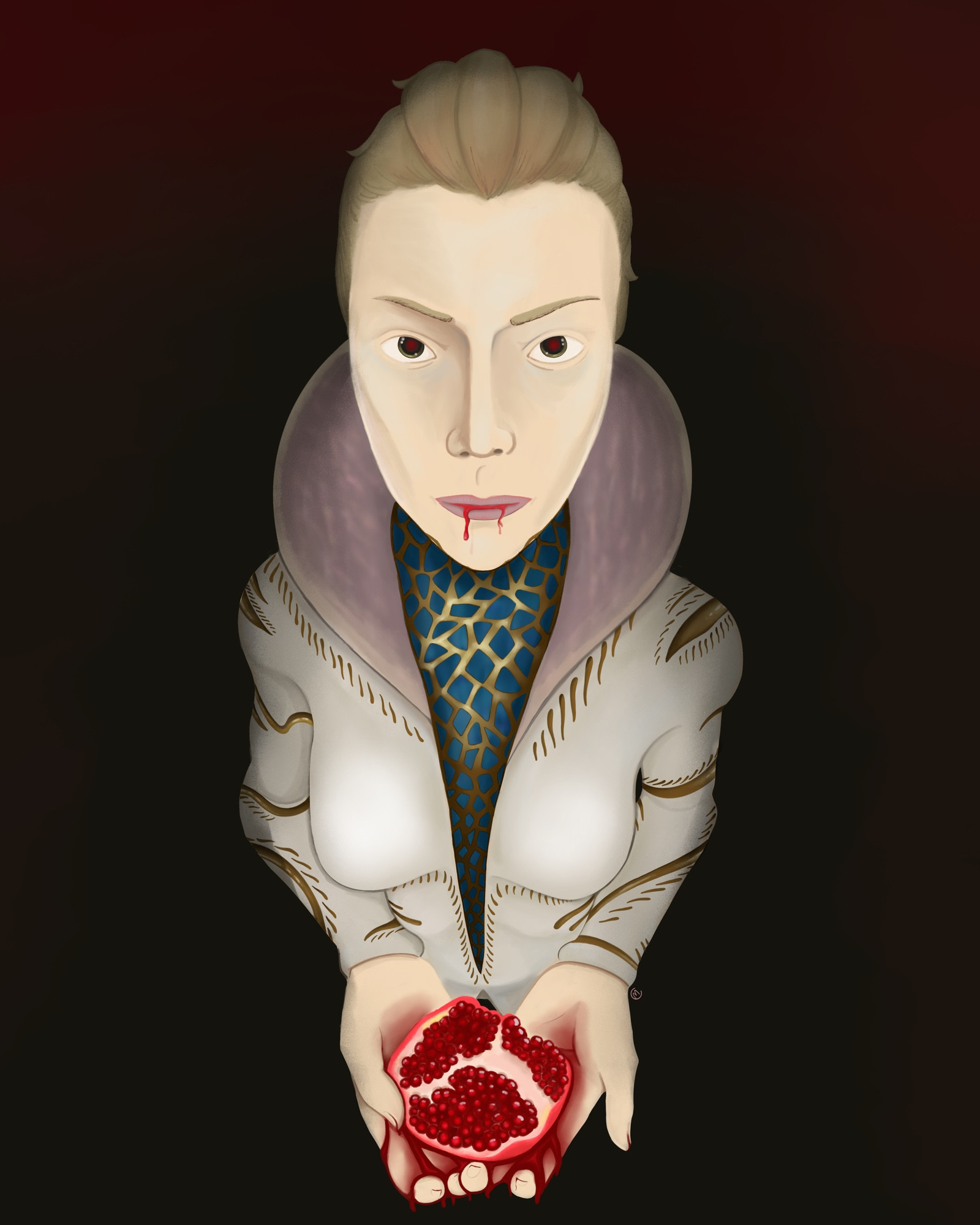 Tilda from Horizon Forbidden West holding a cracked-open pomegranate in her palms. Thick red juice drips down her mouth and fingers.